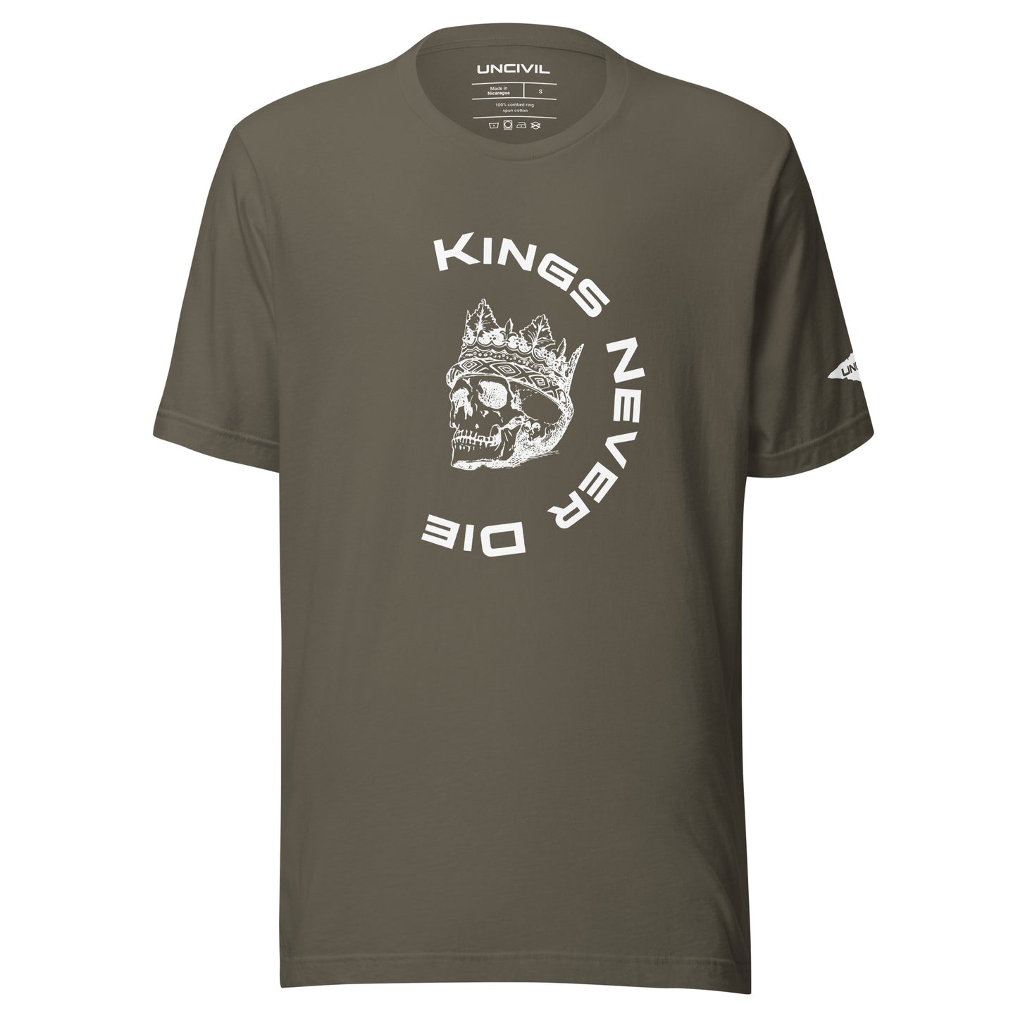 Kings Never Die shirt. The skull graphic wearing a king's crown, Army Green.