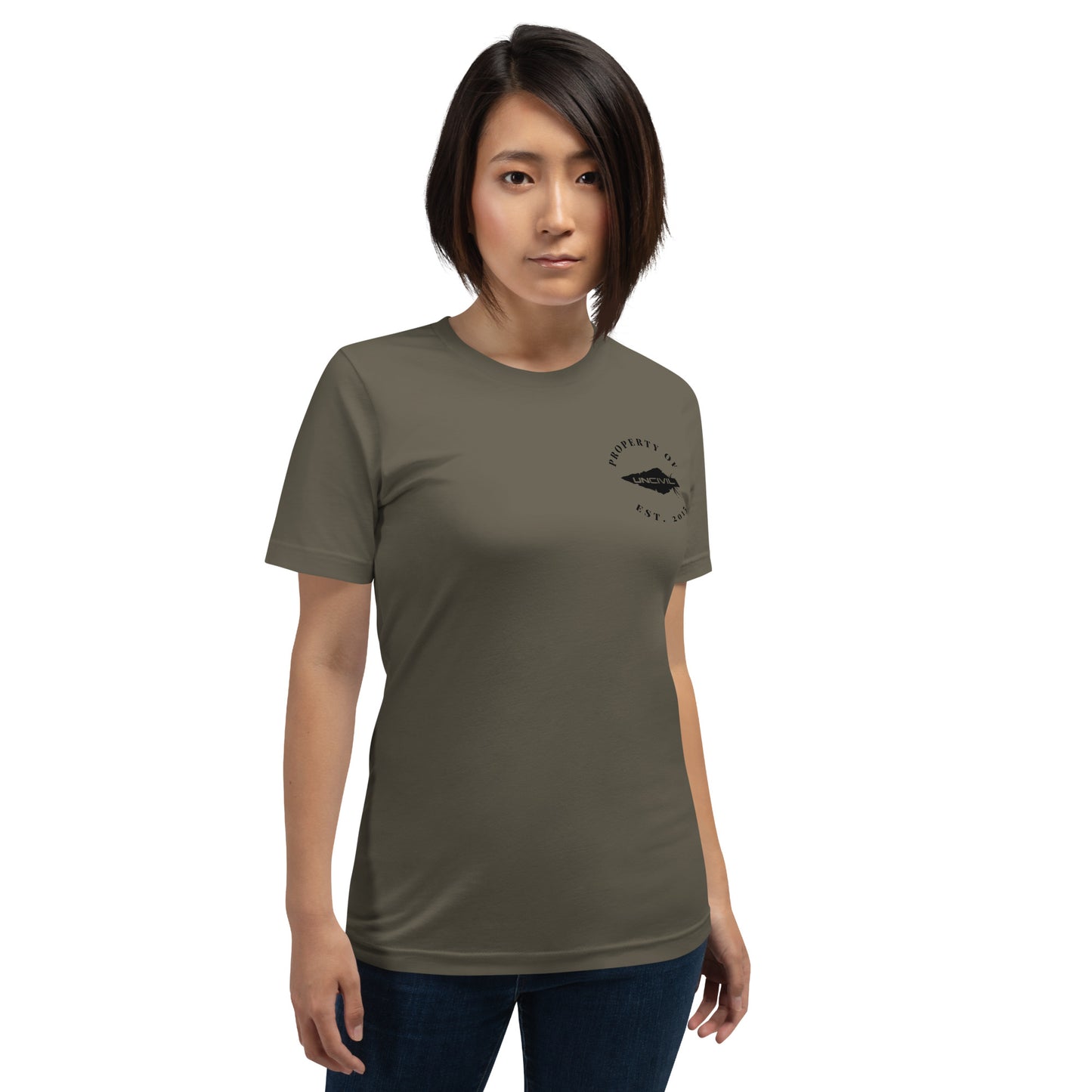 UNCIVIL Apparel Established 2015 shirt features our Uncivil Spear with the words "property of uncivil Est. 2015 on the front left chest. Army Green shirt.
