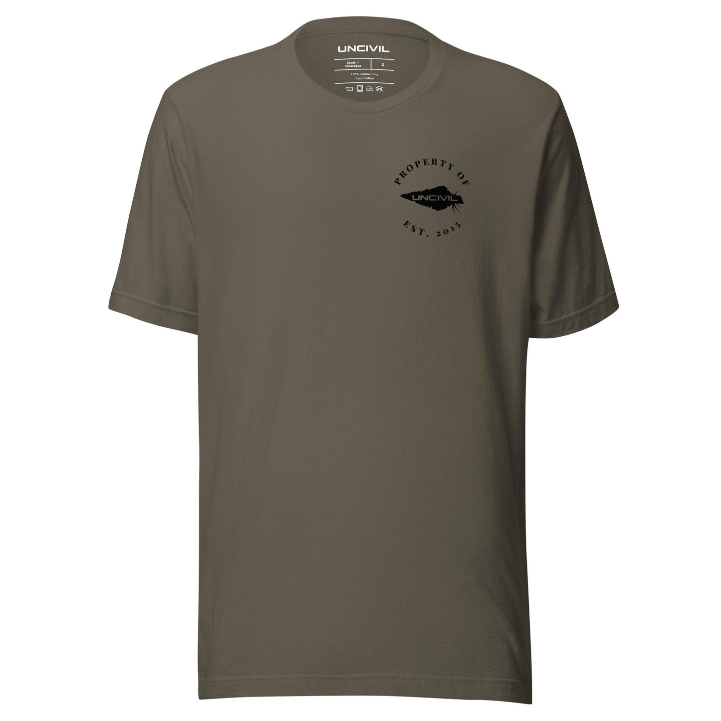 UNCIVIL Apparel Established 2015 shirt features our Uncivil Spear with the words "property of uncivil Est. 2015 on the front left chest. Army Green shirt.