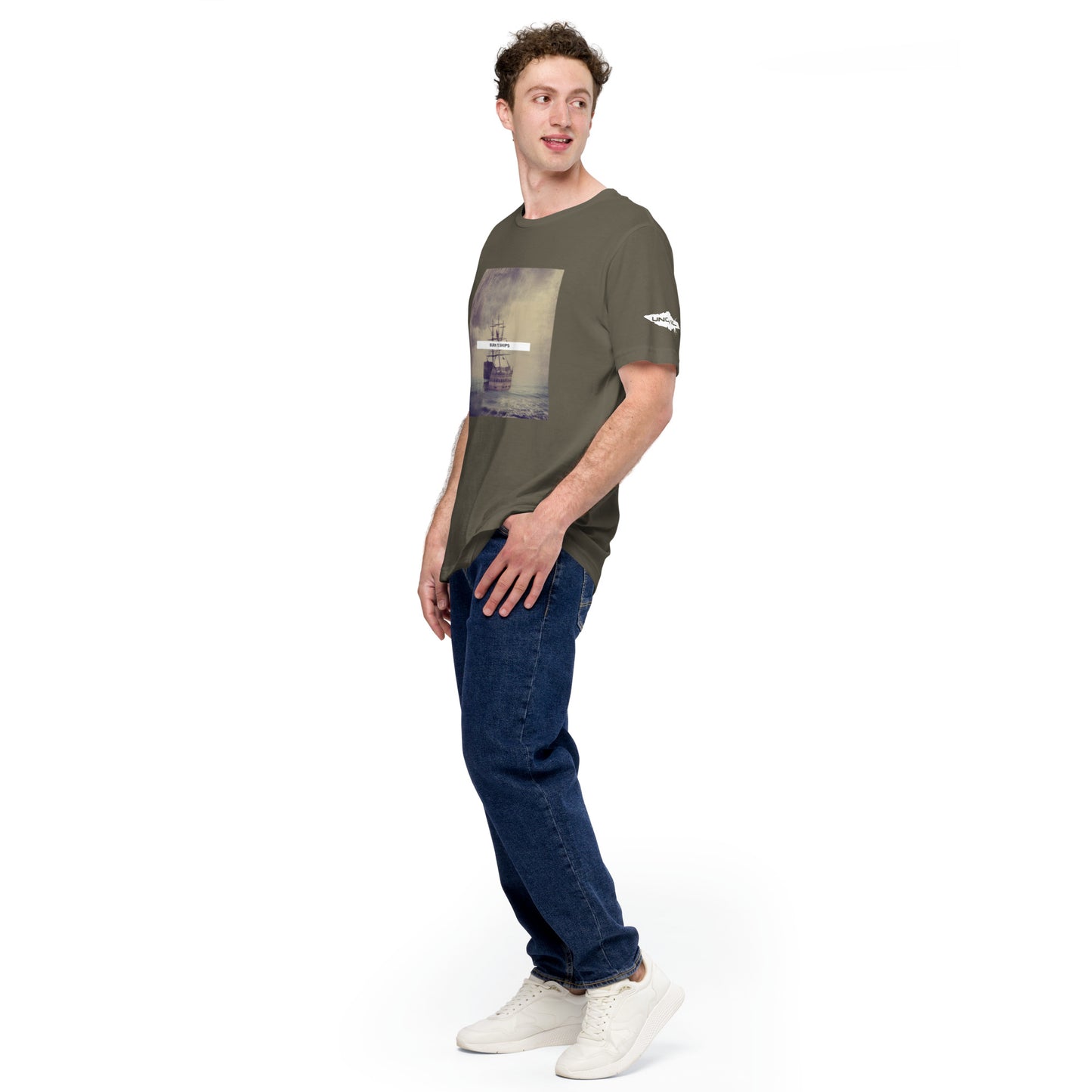 Burn the Ships shirt featuring a vintage image of a sailboat, army green for men and women.