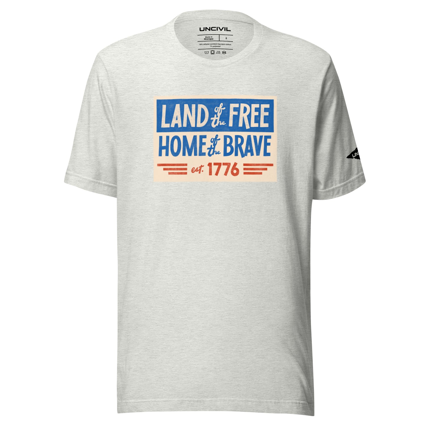 Land of the Free Home of the Brave t-shirt, light grey unisex patriotic shirt.