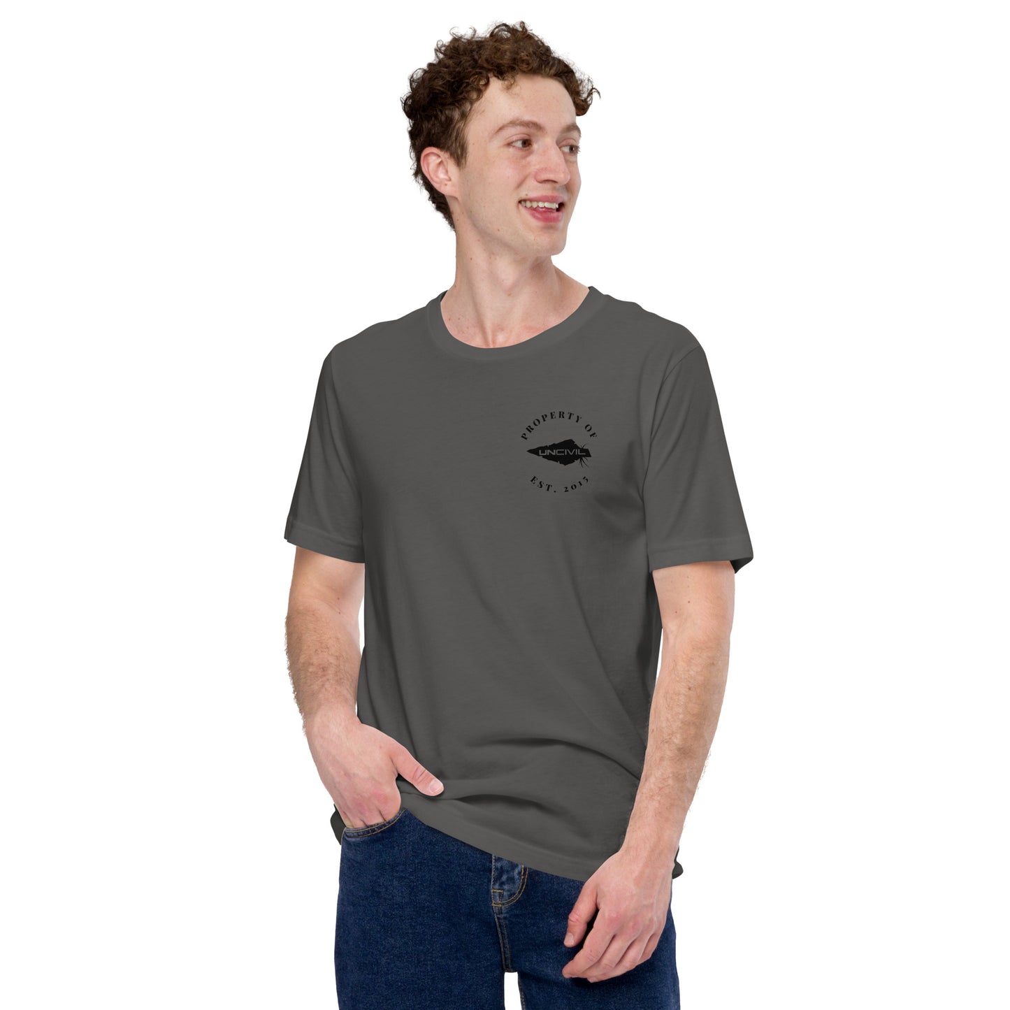 UNCIVIL Apparel Established 2015 shirt features our Uncivil Spear with the words "property of uncivil Est. 2015 on the front left chest. Asphalt color shirt.