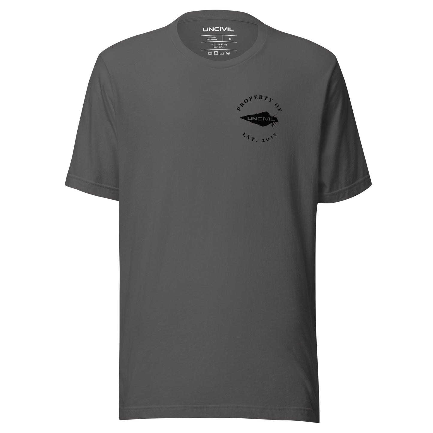 UNCIVIL Apparel Established 2015 shirt features our Uncivil Spear with the words "property of uncivil Est. 2015 on the front left chest. Asphalt color shirt.