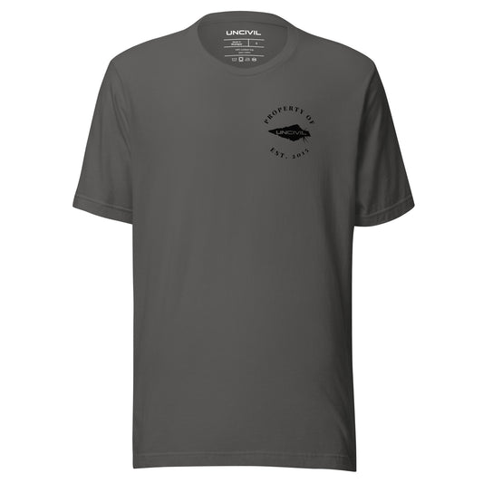 UNCIVIL Apparel Established 2015 shirt features our Uncivil Spear with the words "property of uncivil Est. 2015 on the front left chest. Asphalt color shirt.