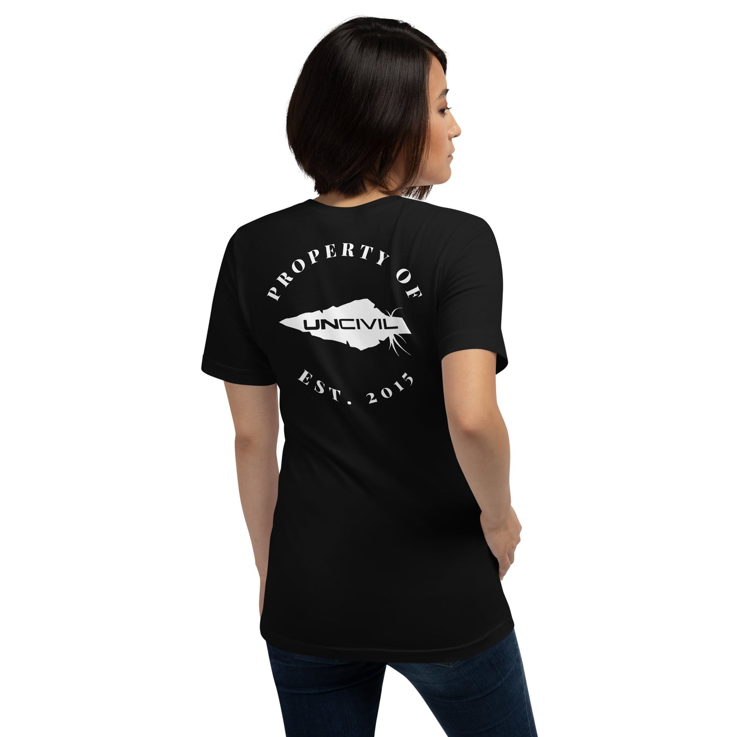UNCIVIL Apparel Established 2015 shirt features our Uncivil Spear with the words "property of uncivil Est. 2015. Black women's shirt.