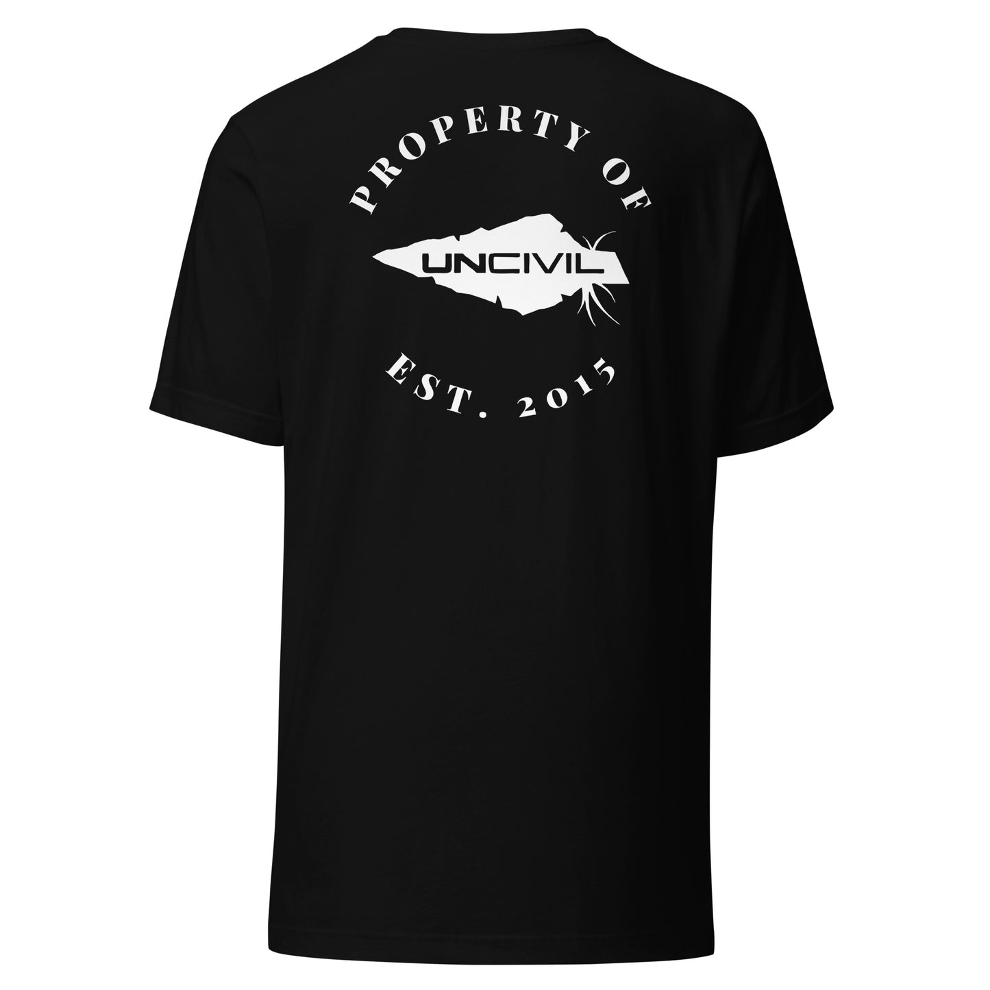 UNCIVIL Apparel Established 2015 shirt features our Uncivil Spear with the words "property of uncivil Est. 2015. Black unisex shirt.
