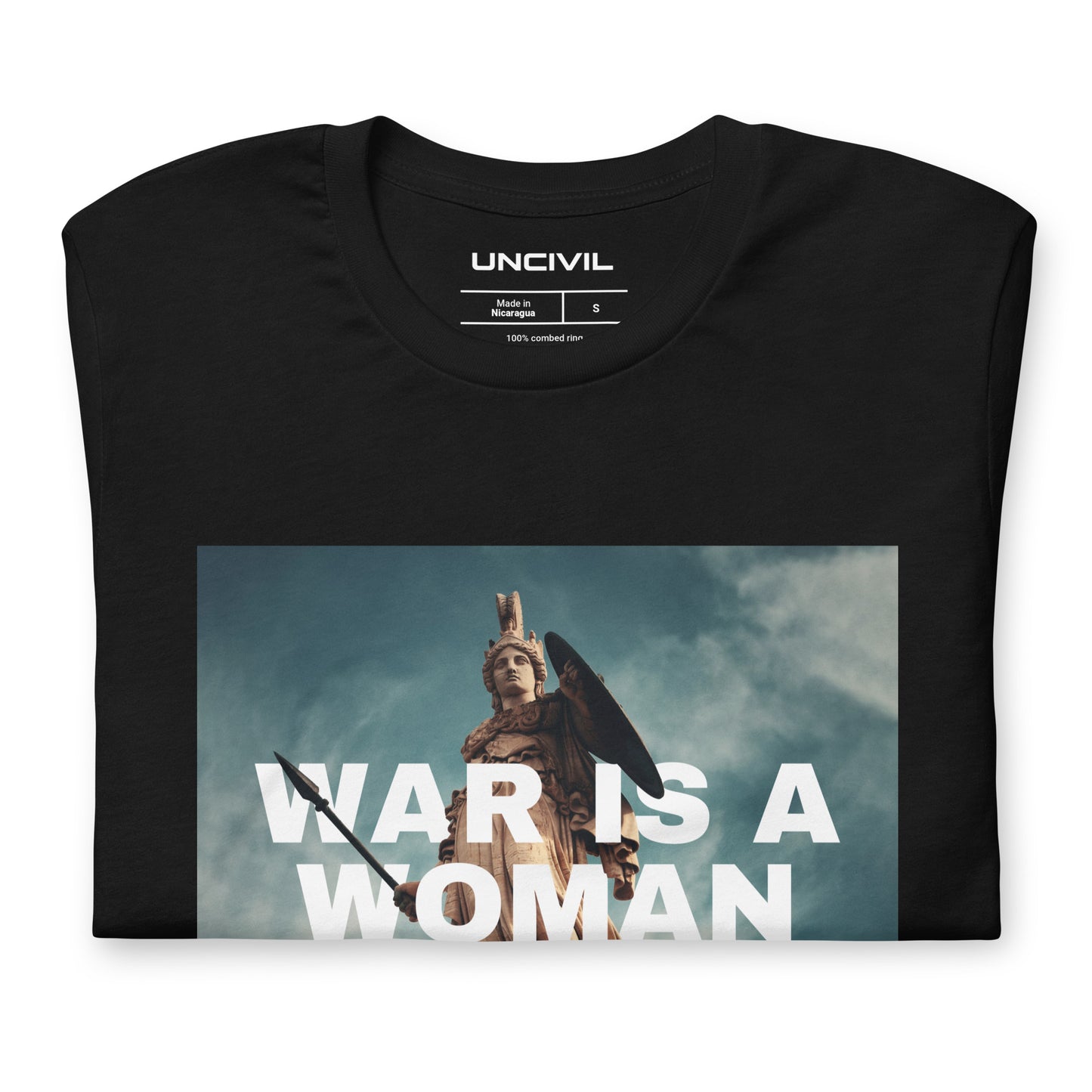 Our "War is a Woman" UNCIVIL T-shirt features the one and only statue of Athena, goddess of wisdom, craft, and warfare. Perfect to showcase your love for the Greek Goddess. Available in Black.