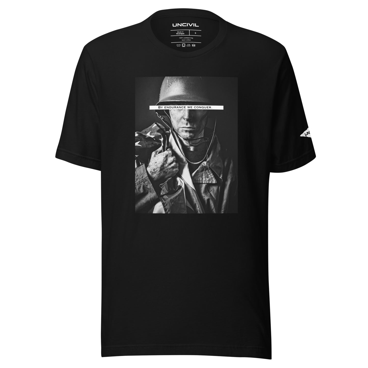 Our Black "By Endurance we Conquer" shirt features a soldier holding the American Flag. A reminder that through sheer determination, resilience, and the willingness to face adversity head-on, people can overcome even the most challenging and daunting situations.