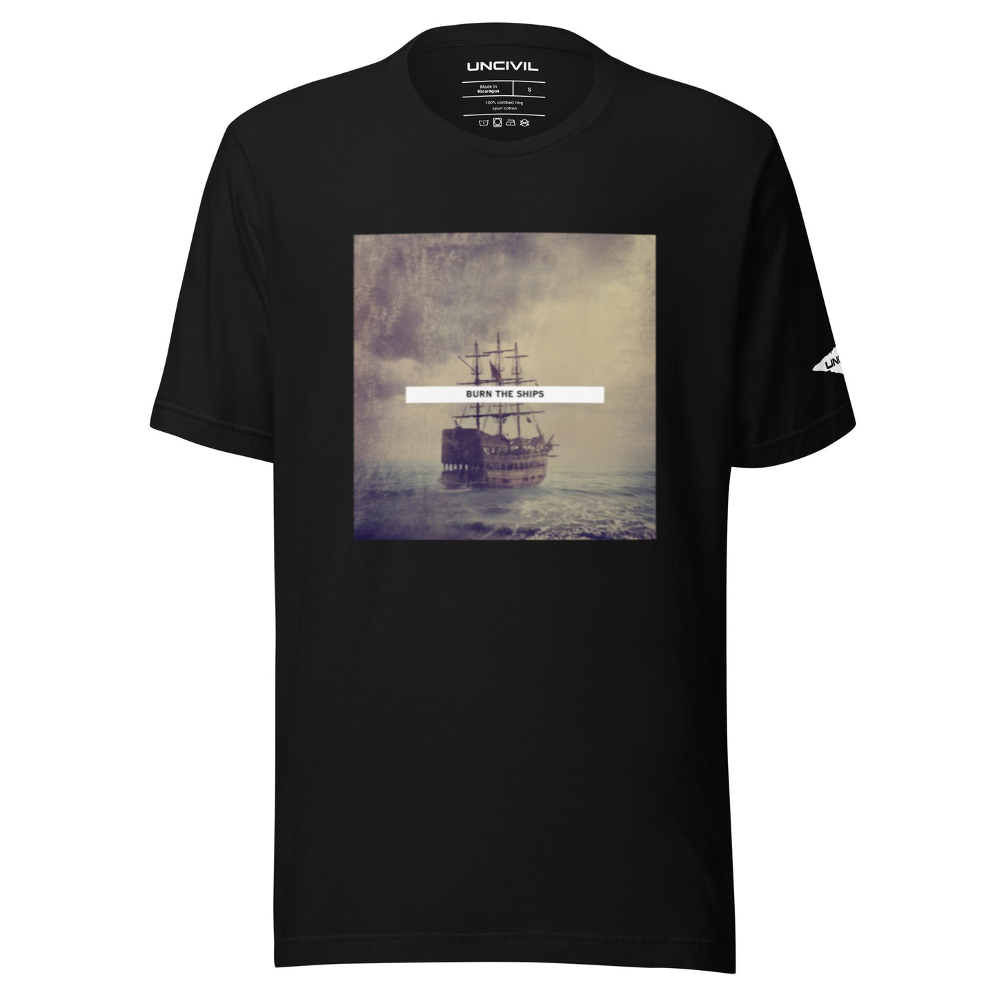 Burn the Ships shirt featuring a vintage image of a sailboat, black for men and women.
