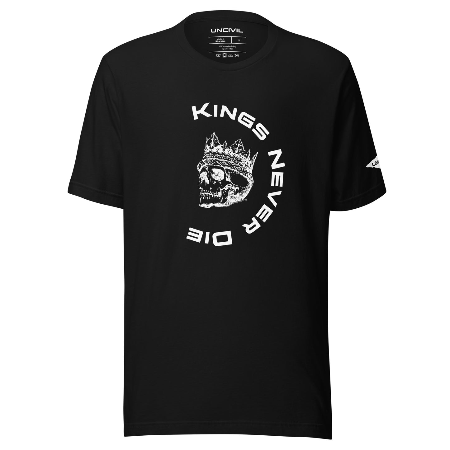 Kings Never Die shirt. The skull graphic wearing a king's crown, Black.