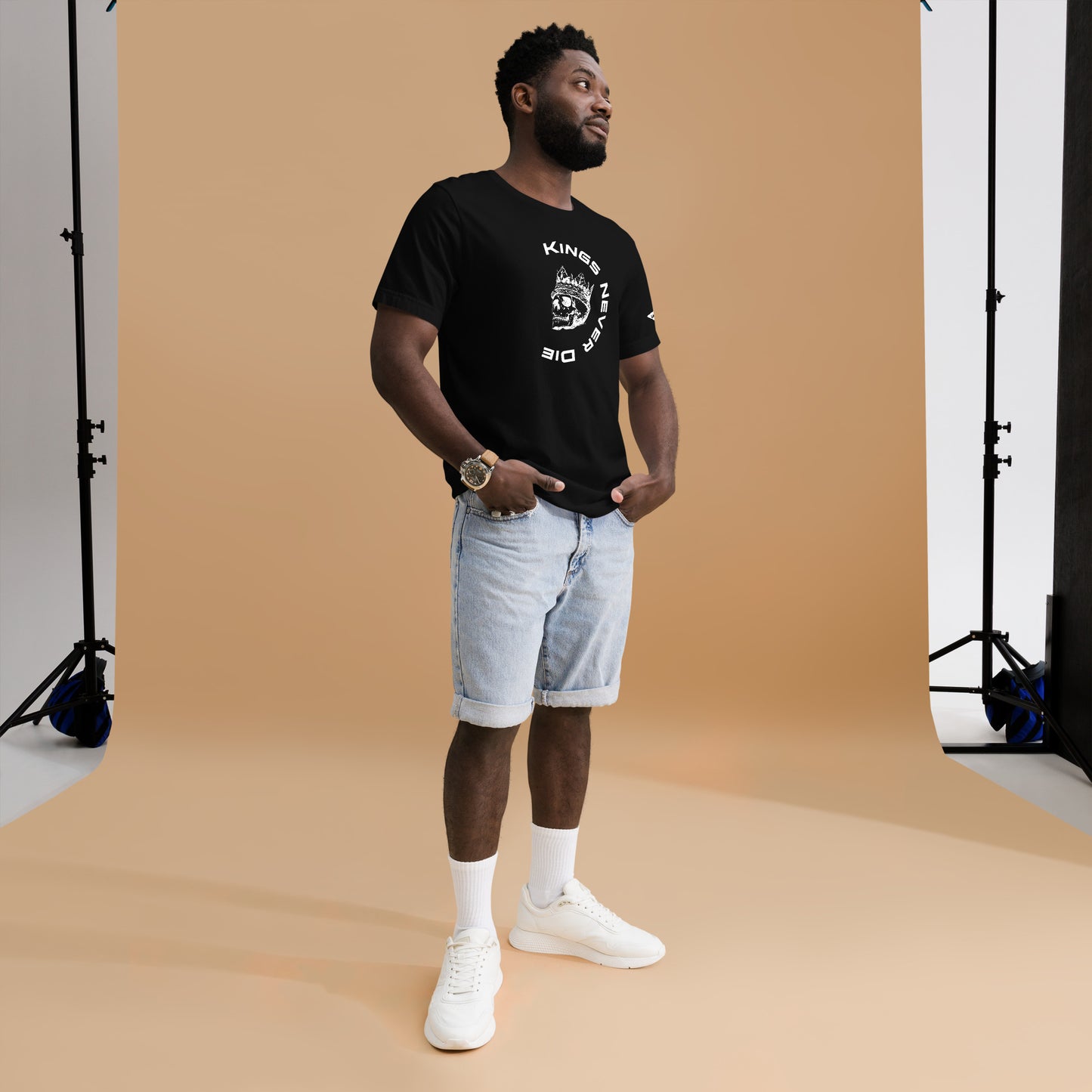 Kings Never Die shirt. The skull graphic wearing a king's crown, Black men's shirt.