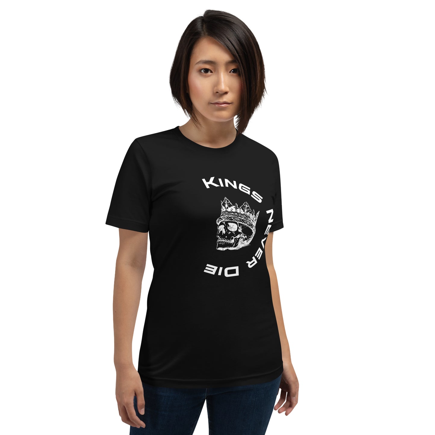 Kings Never Die shirt. The skull graphic wearing a king's crown, Black women's shirt.
