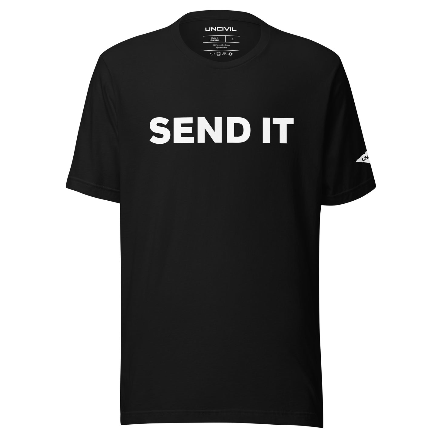 Send It is often used as an expression to indicate taking action or proceeding with a plan. Black men's shirt.