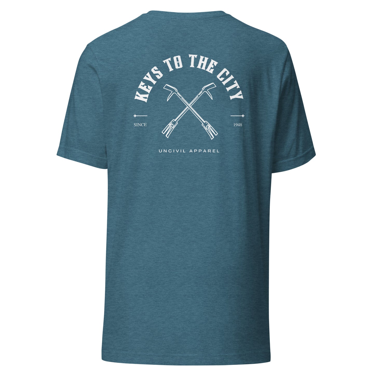 Keys to the City Halligan shirt, Heather Deep Teal unisex t-shirt with maltese cross
