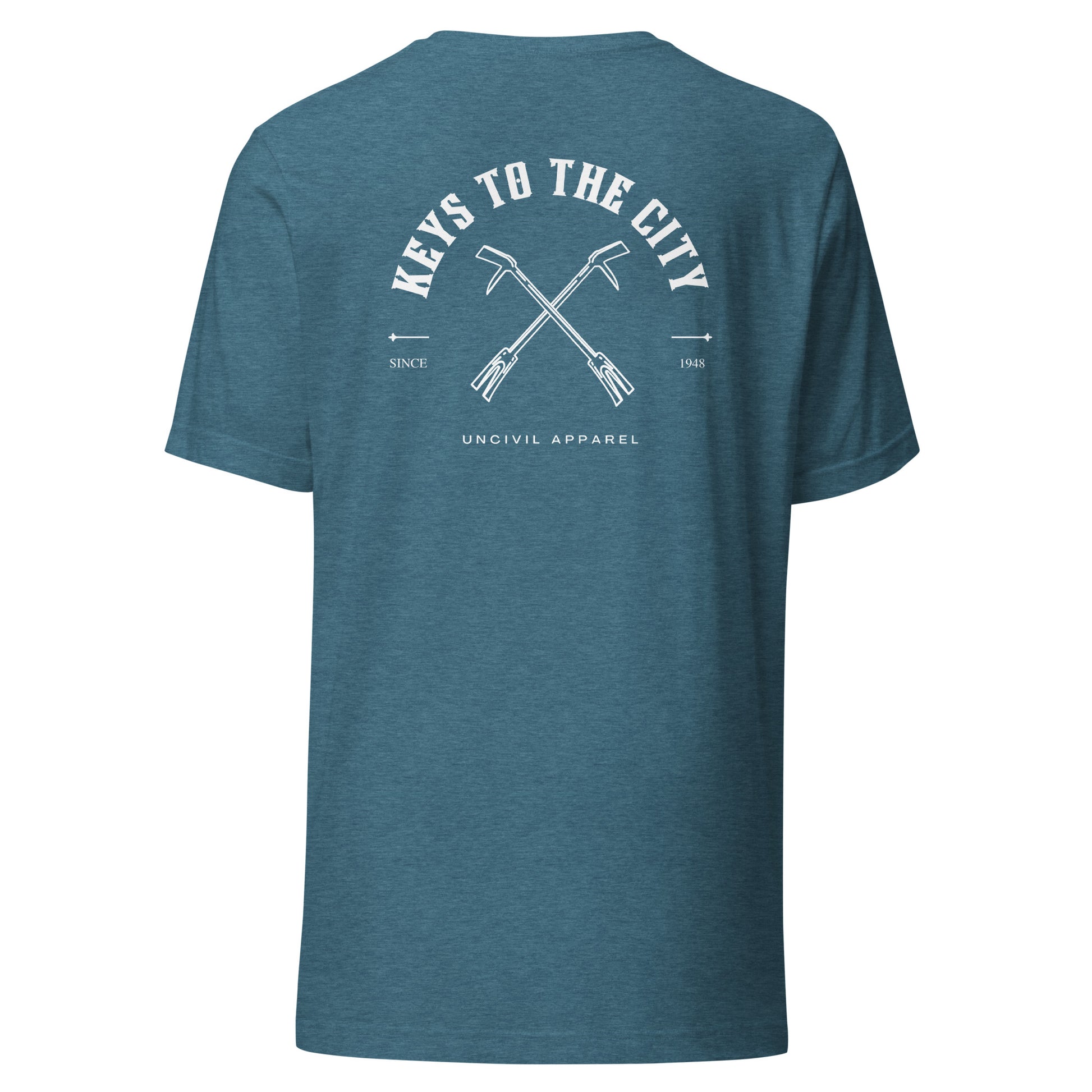 Keys to the City Halligan shirt, Heather Deep Teal unisex t-shirt with maltese cross