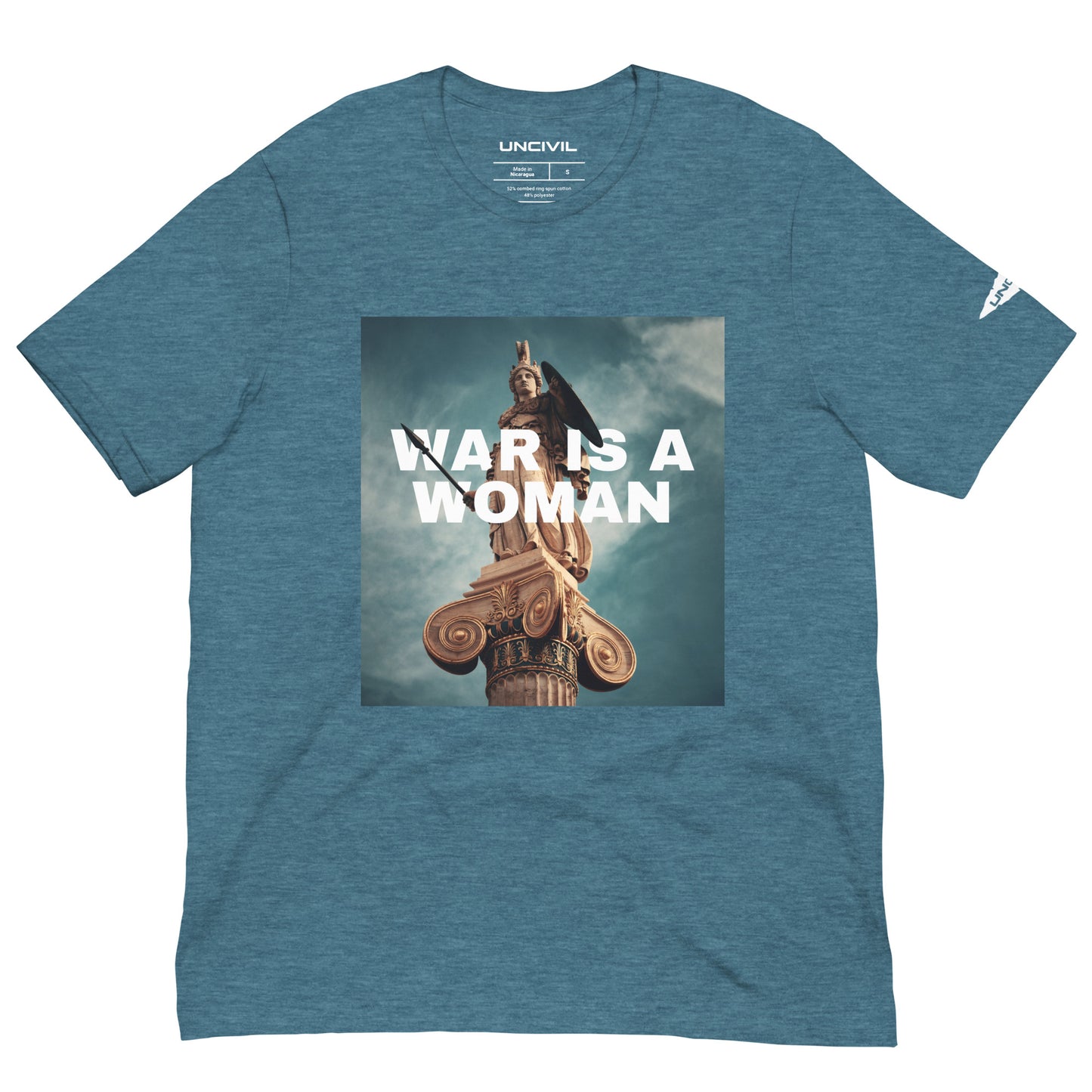 Our "War is a Woman" UNCIVIL T-shirt features the one and only statue of Athena, goddess of wisdom, craft, and warfare. Perfect to showcase your love for the Greek Goddess. Available in Heather Deep Teal.