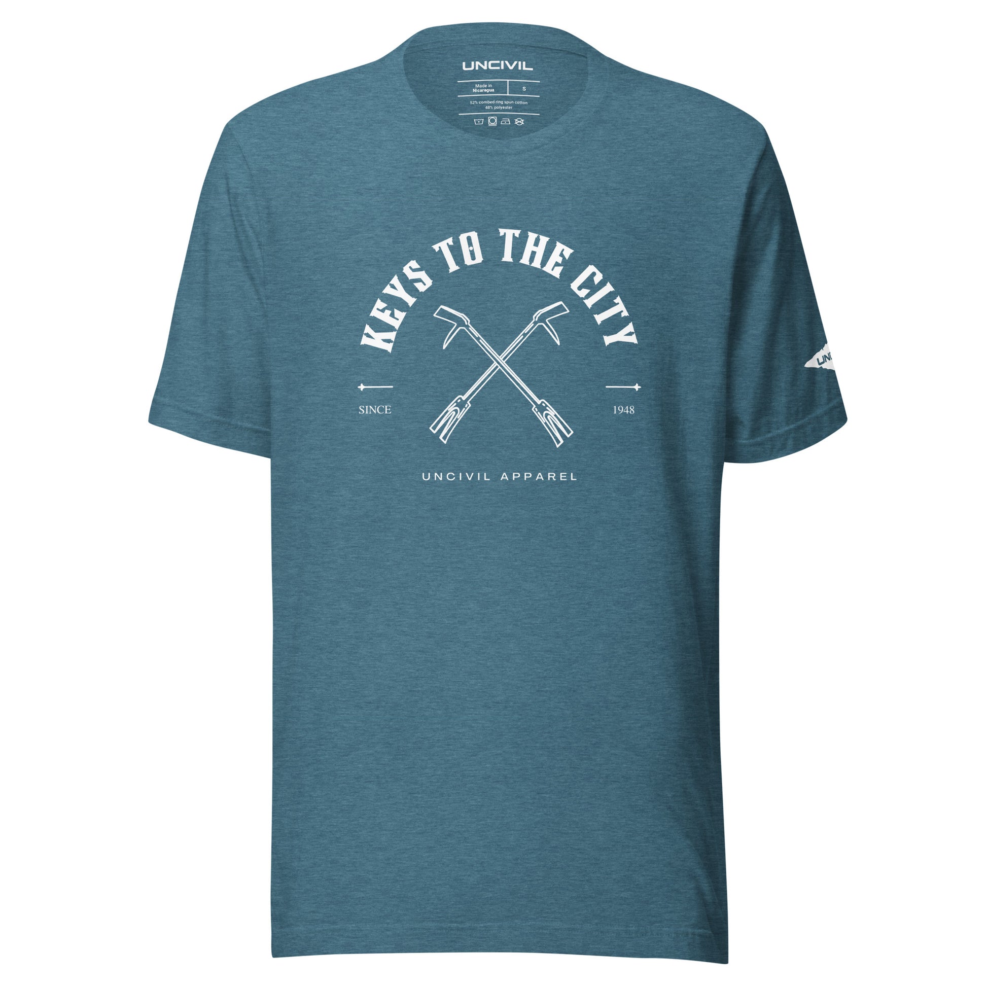 Keys to the City, Halligan Bar Design, Heather Deep Teal Unisex T-shirt for Firefighters