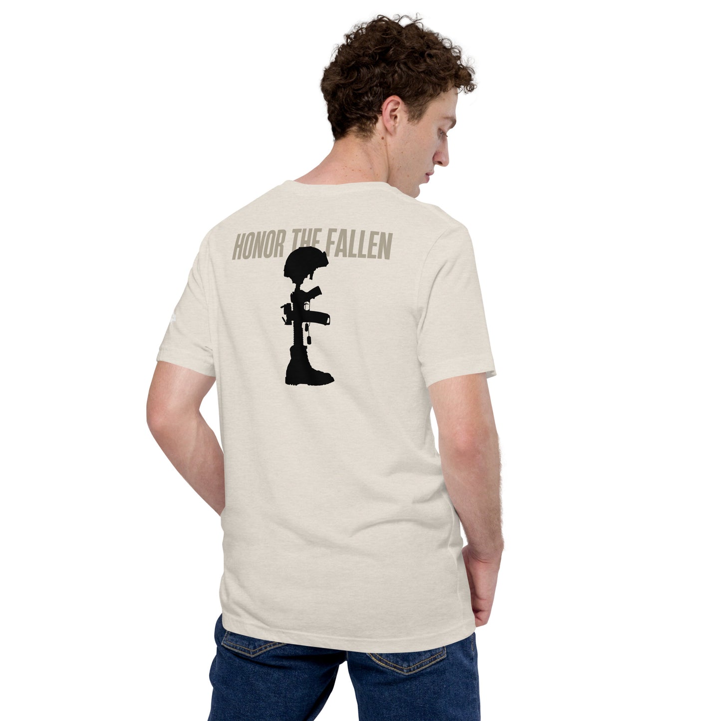 Honor the Fallen T-shirt, a powerful tribute to those who sacrificed for our freedom. Designed for Memorial Day, Heather Dust Unisex.