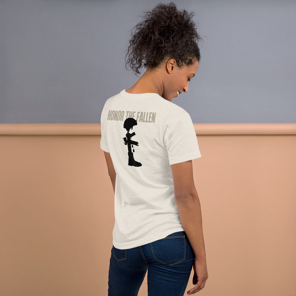 Honor the Fallen T-shirt, a powerful tribute to those who sacrificed for our freedom. Designed for Memorial Day, Heather Dust Unisex.
