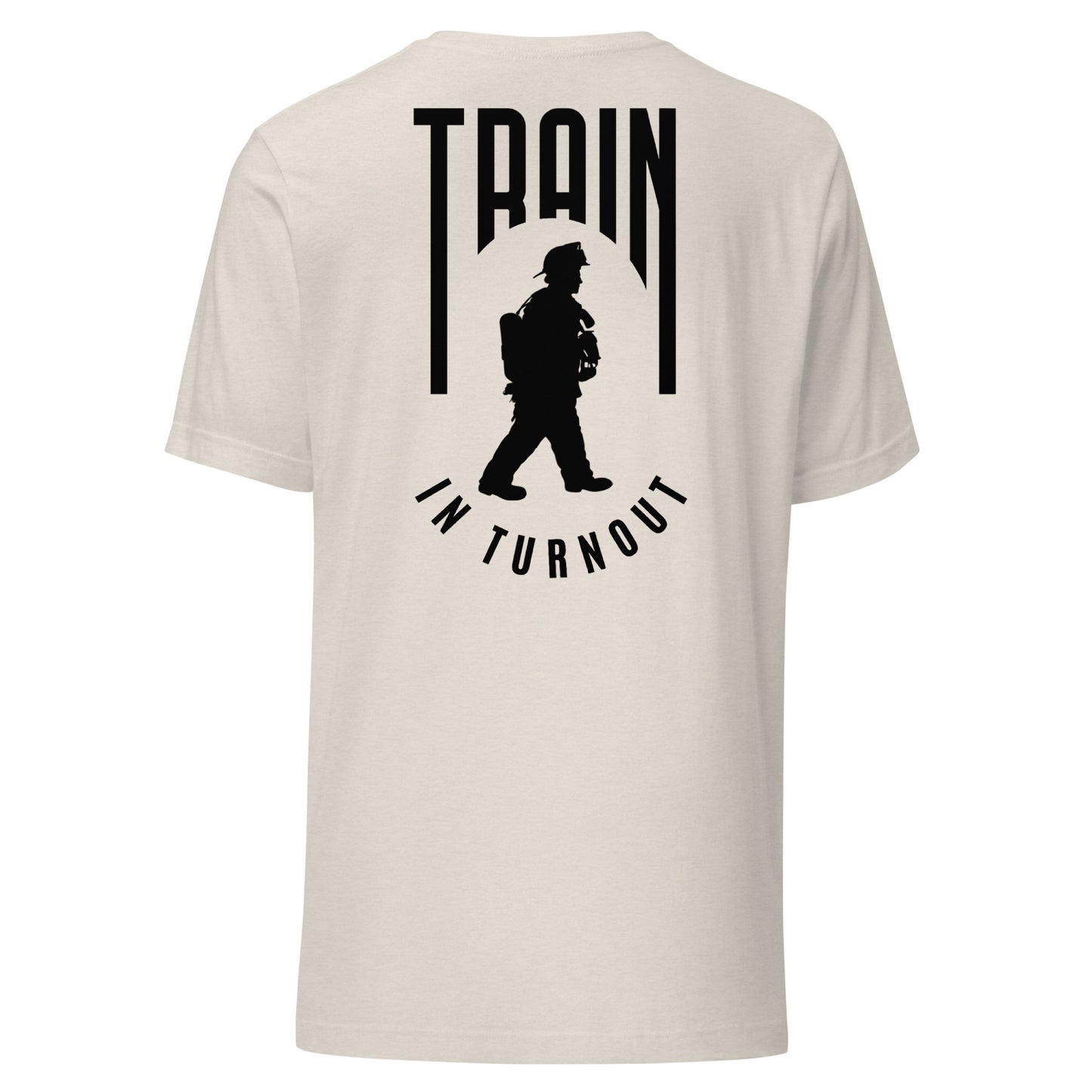 Train in Turnout Graphic Firefighter shirt, Heather Dust and Black.