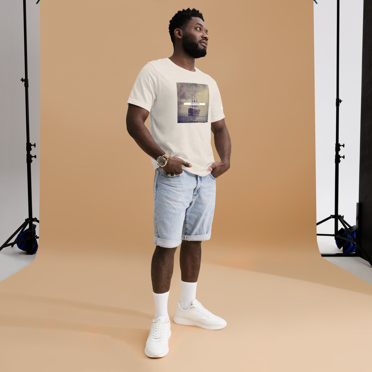 Burn the Ships shirt featuring a vintage image of a sailboat, heather dust shirt for men and women.