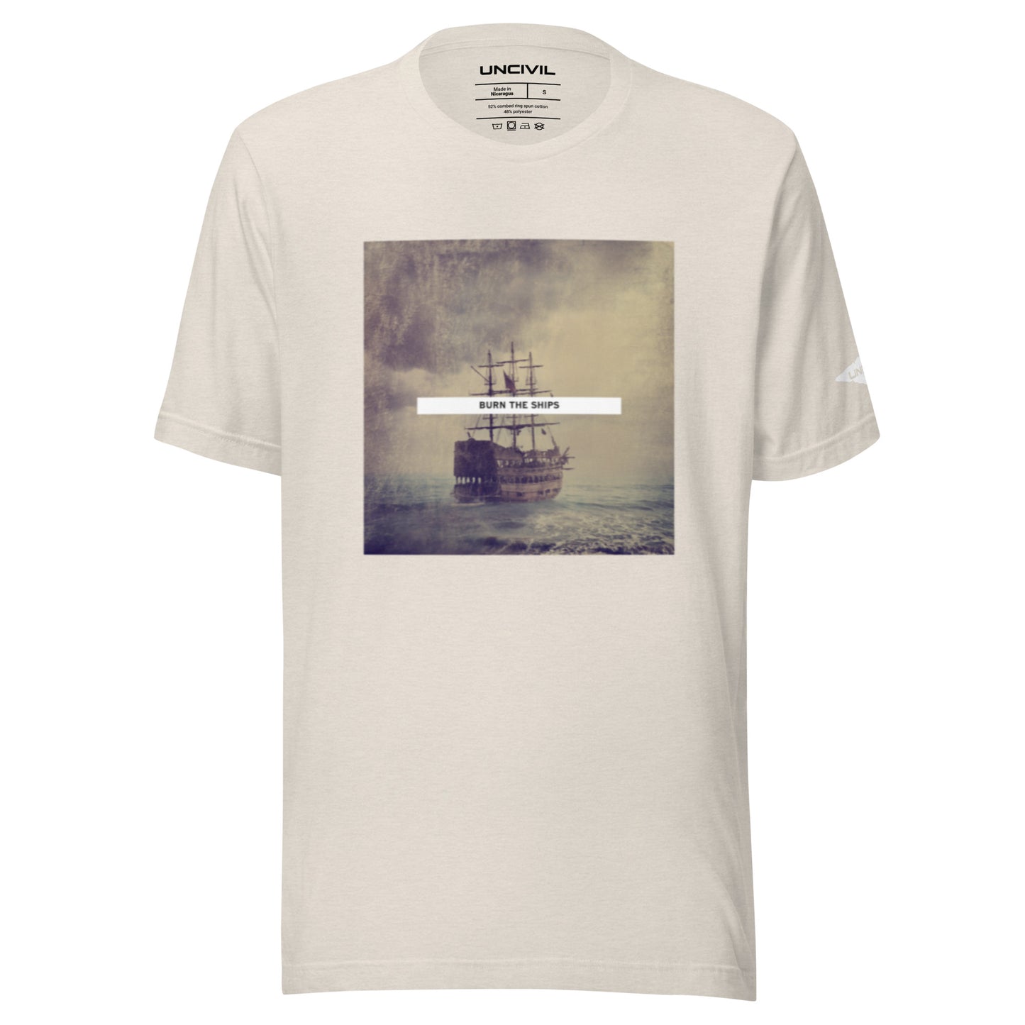 Burn the Ships shirt featuring a vintage image of a sailboat, heather dust for men and women.