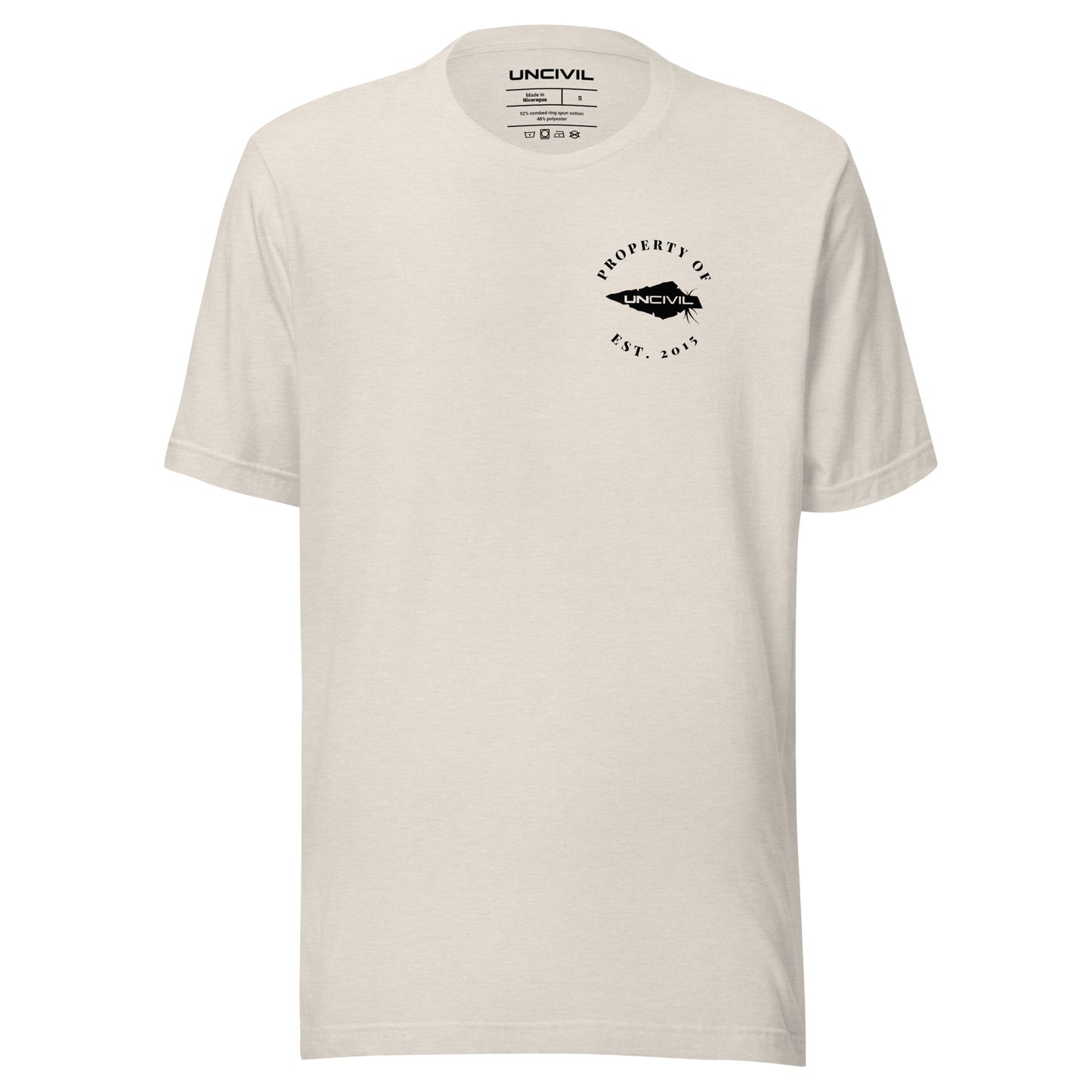 UNCIVIL Apparel Established 2015 shirt features our Uncivil Spear with the words "property of uncivil Est. 2015 on the front left chest. Heather Dust shirt.