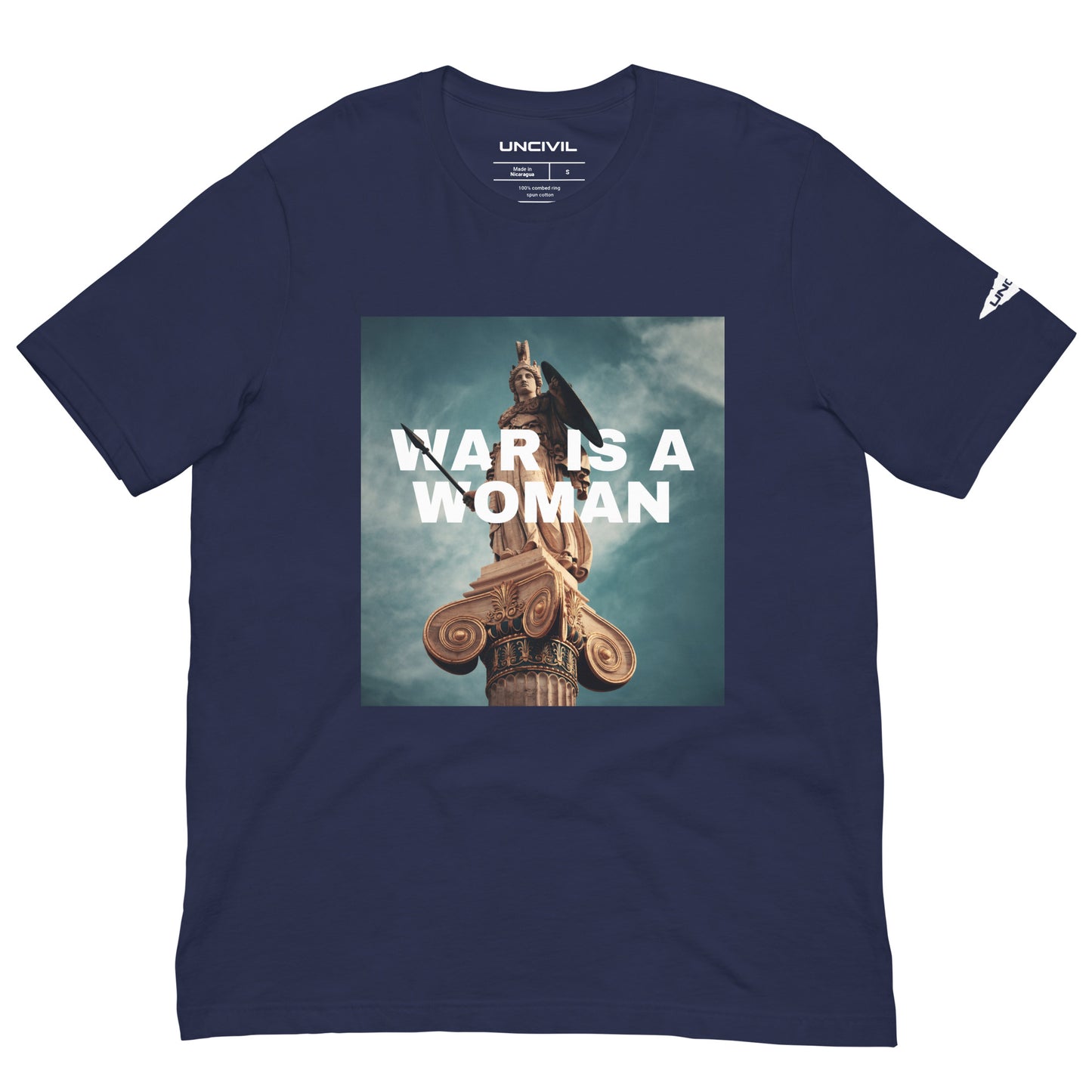 Our "War is a Woman" UNCIVIL T-shirt features the one and only statue of Athena, goddess of wisdom, craft, and warfare. Perfect to showcase your love for the Greek Goddess. Available in Heather Navy.