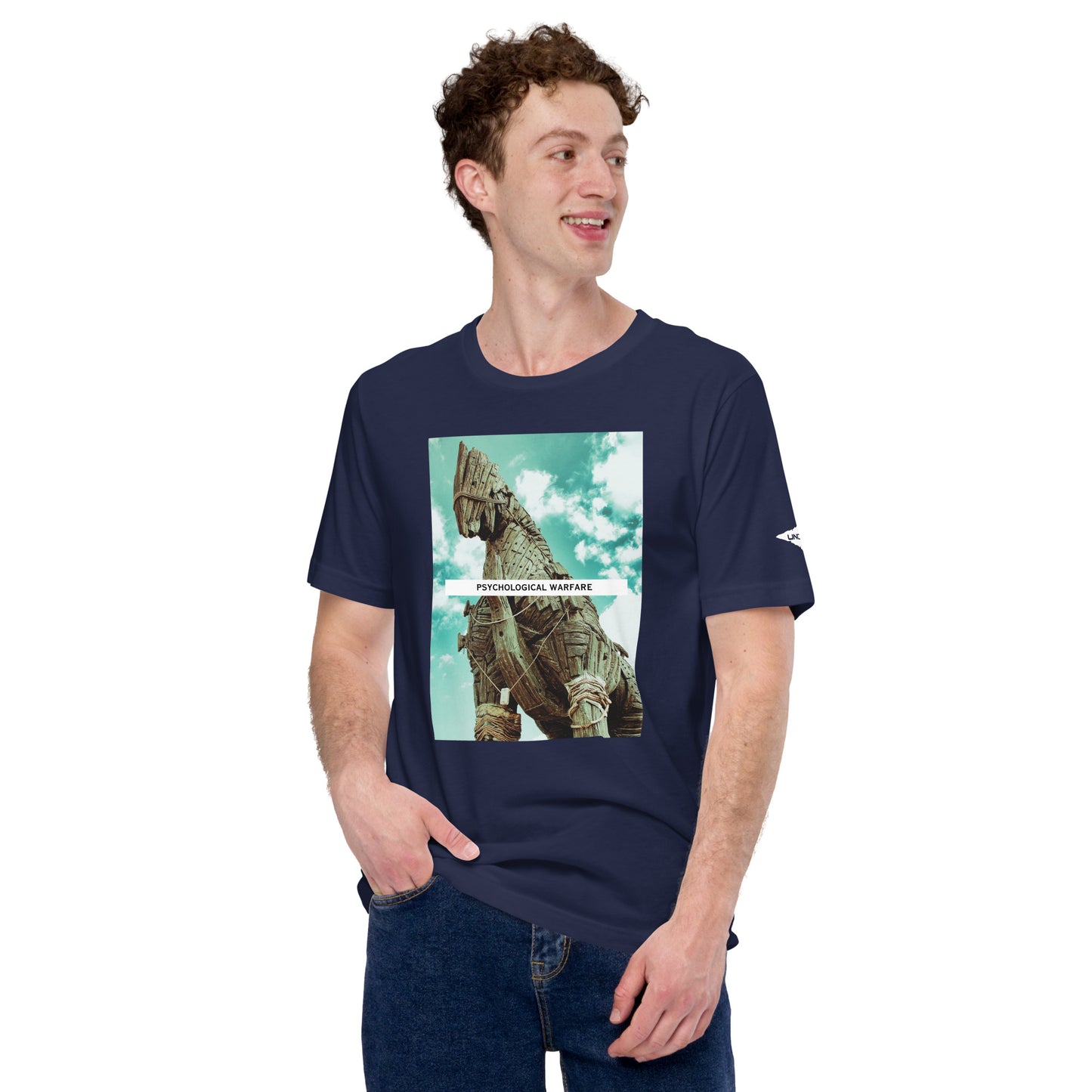Our Psy Ops shirt features the Trojan Horse, a legendary story from Greek mythology. Navy Blue graphic tee.