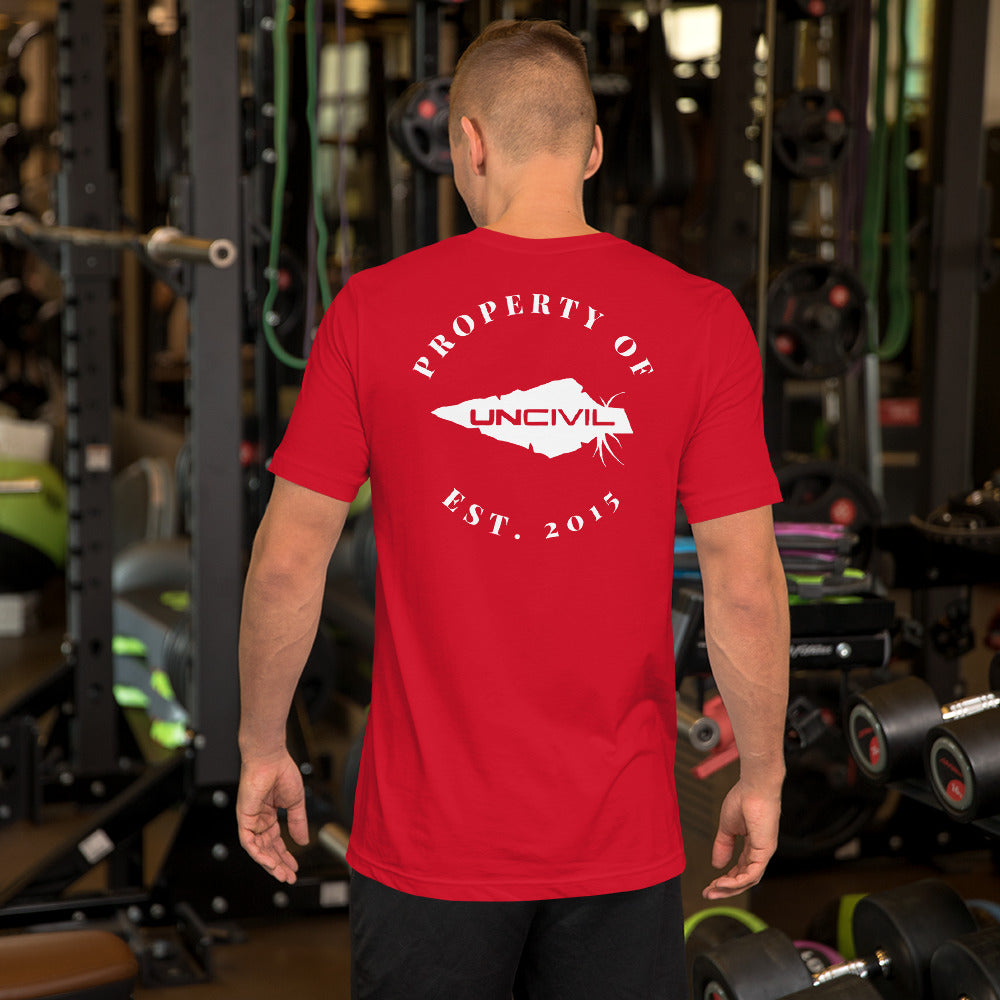 UNCIVIL Apparel Established 2015 shirt features our Uncivil Spear with the words "property of uncivil Est. 2015. Red men's shirt.