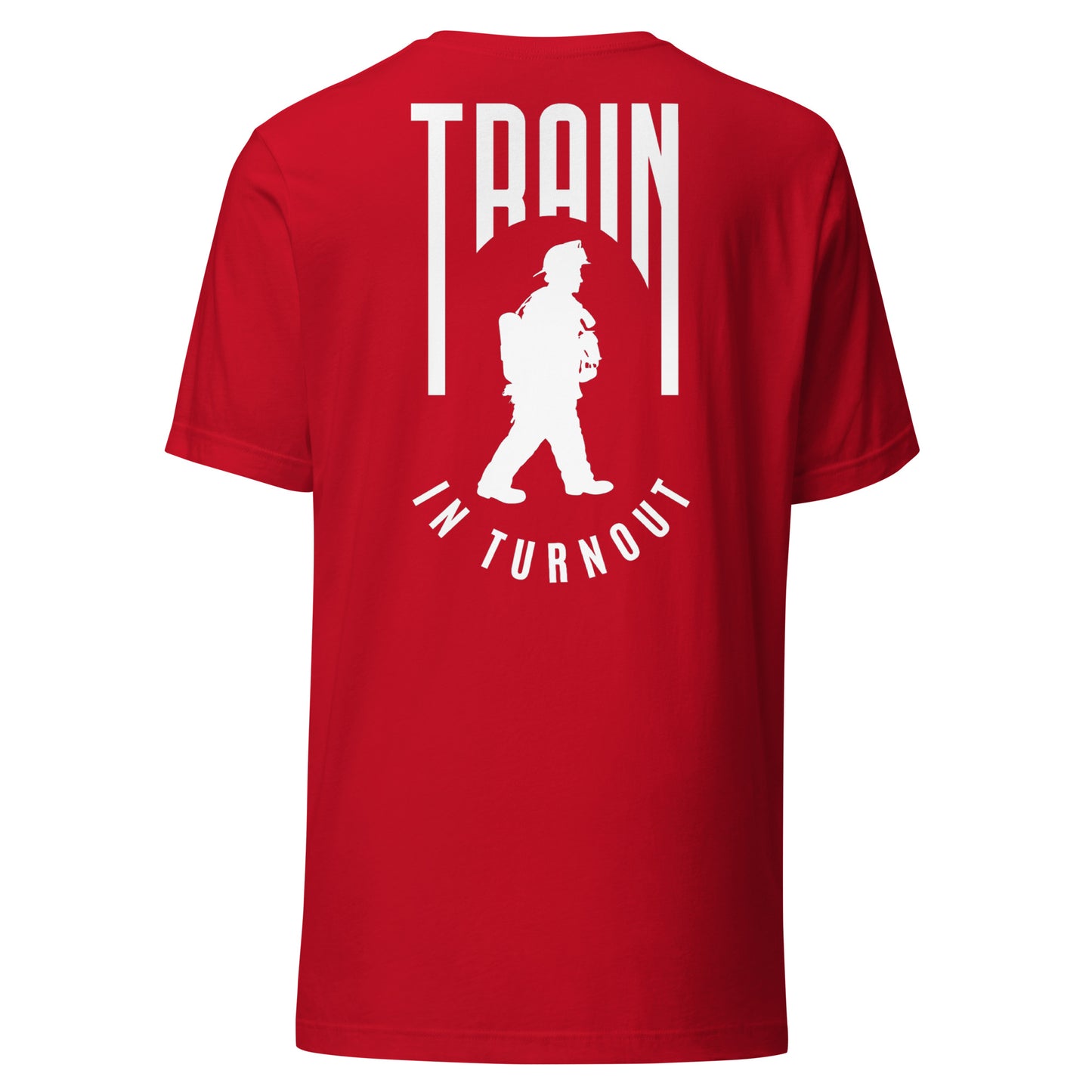 Train in Turnout Graphic Firefighter shirt, red and white.