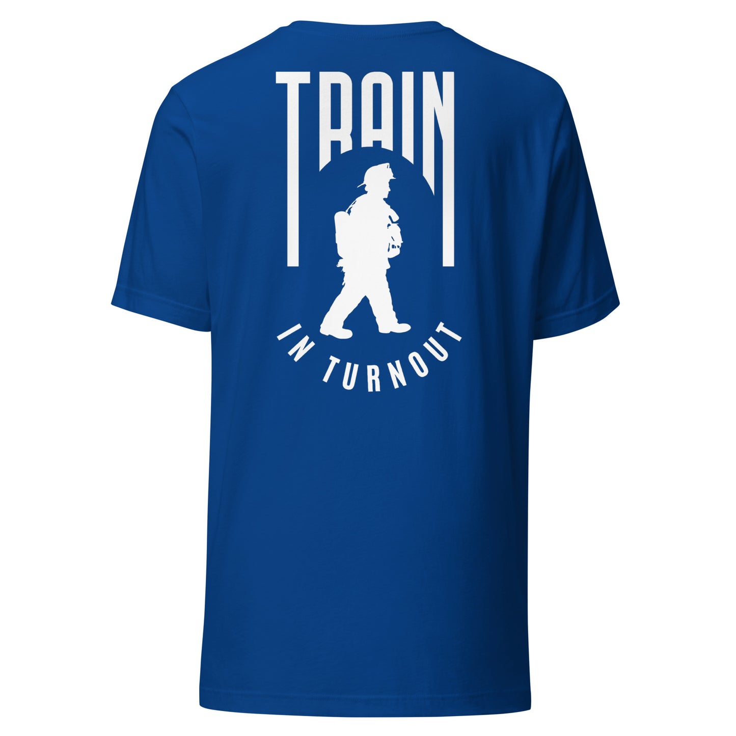 Train in Turnout Graphic Firefighter shirt, royal blue and white.