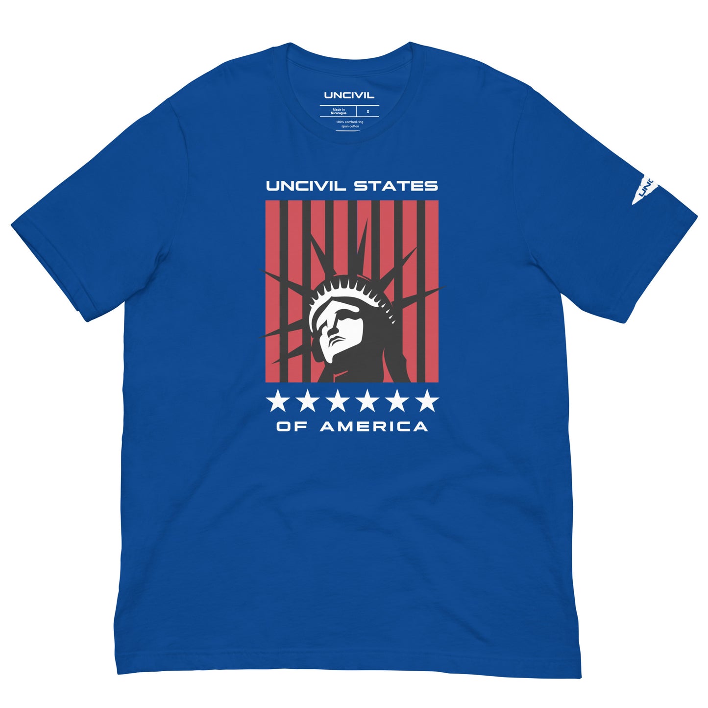 Disrupt the ordinary with our UNCIVIL States of America T-shirt. Royal Blue Unisex Shirt featuring the Statue of Liberty. A perfect patriotic tee for people who love America.