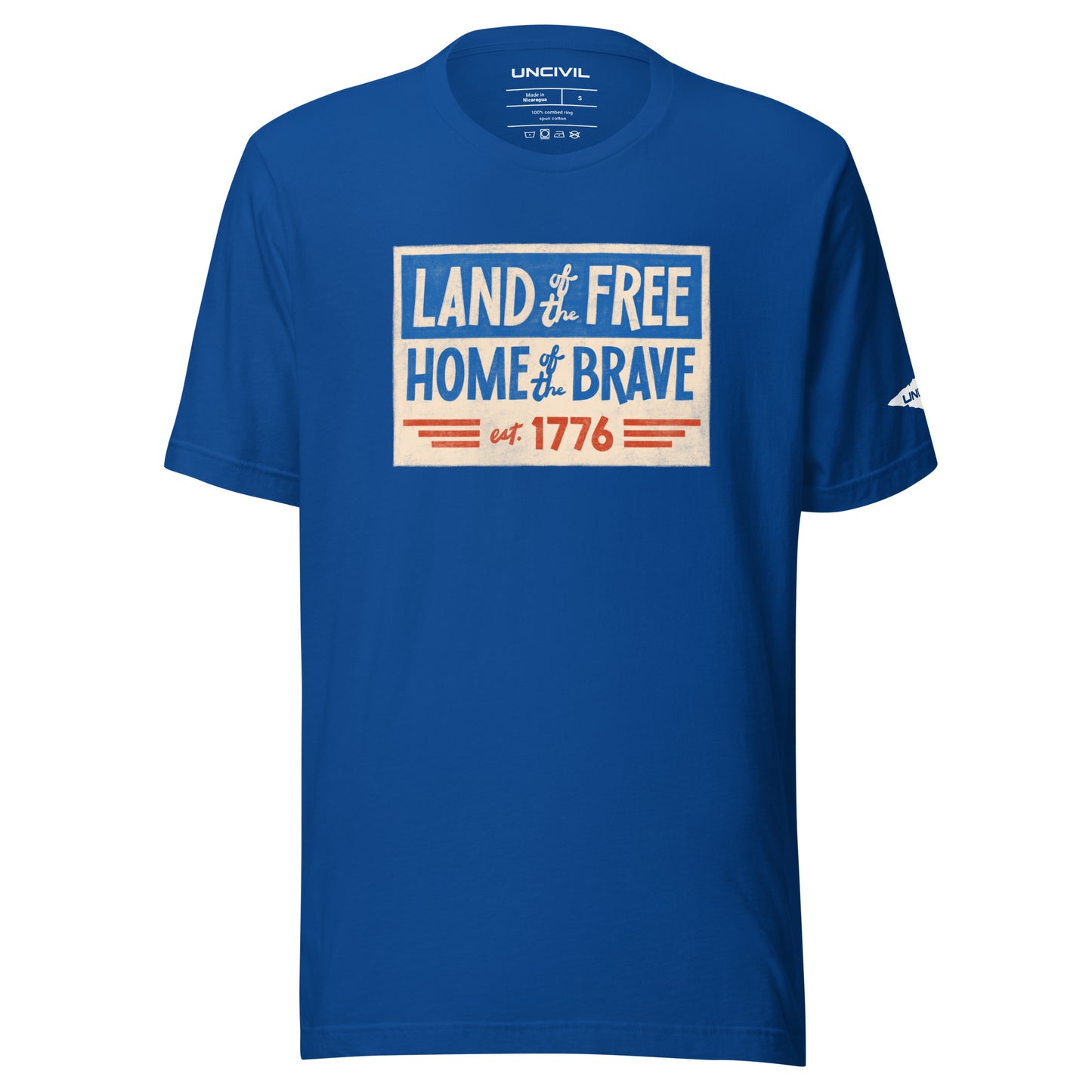Land of the Free Home of the Brave t-shirt, royal blue unisex patriotic shirt.