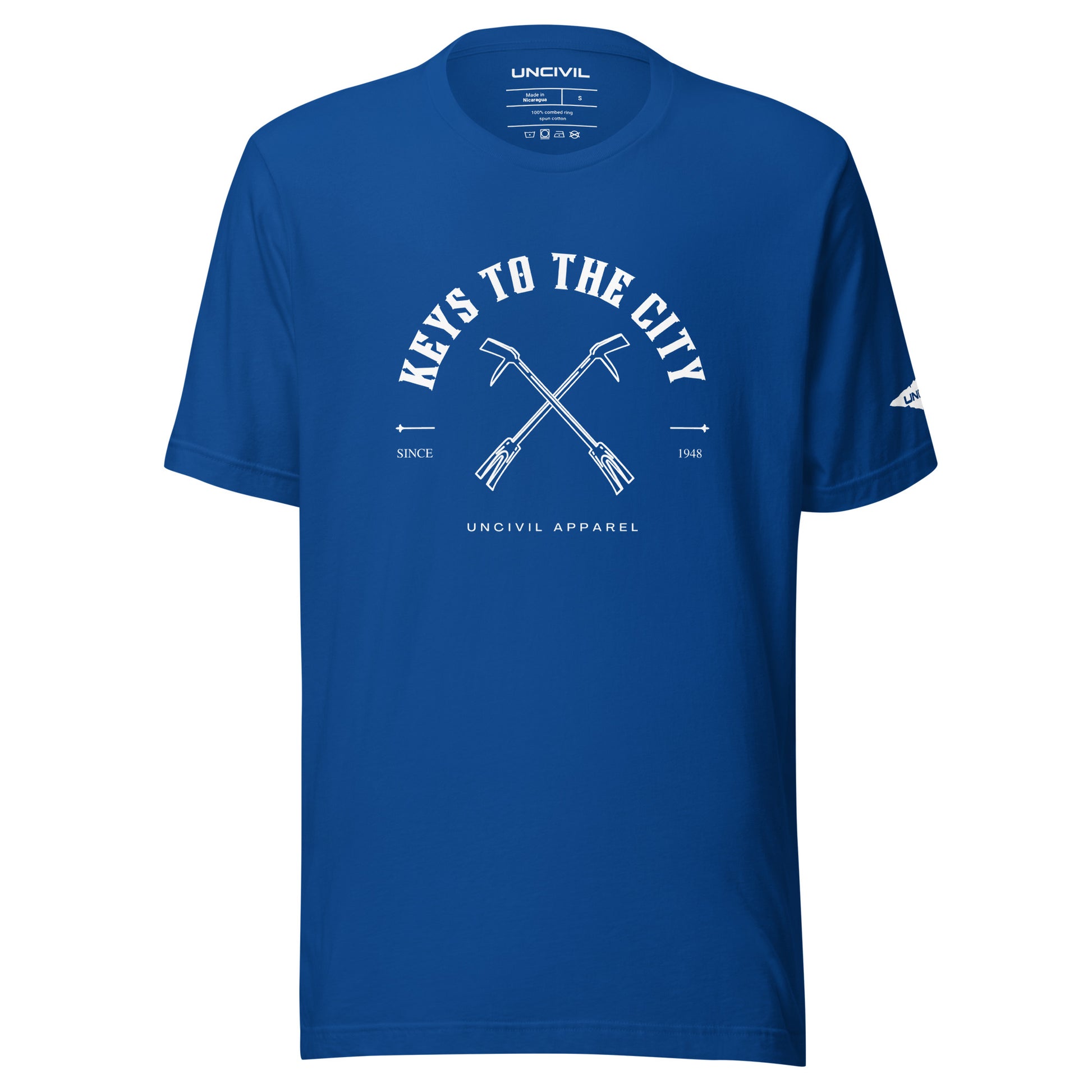 Keys to the City, Halligan Bar Design, Royal Blue Unisex T-shirt for Firefighters