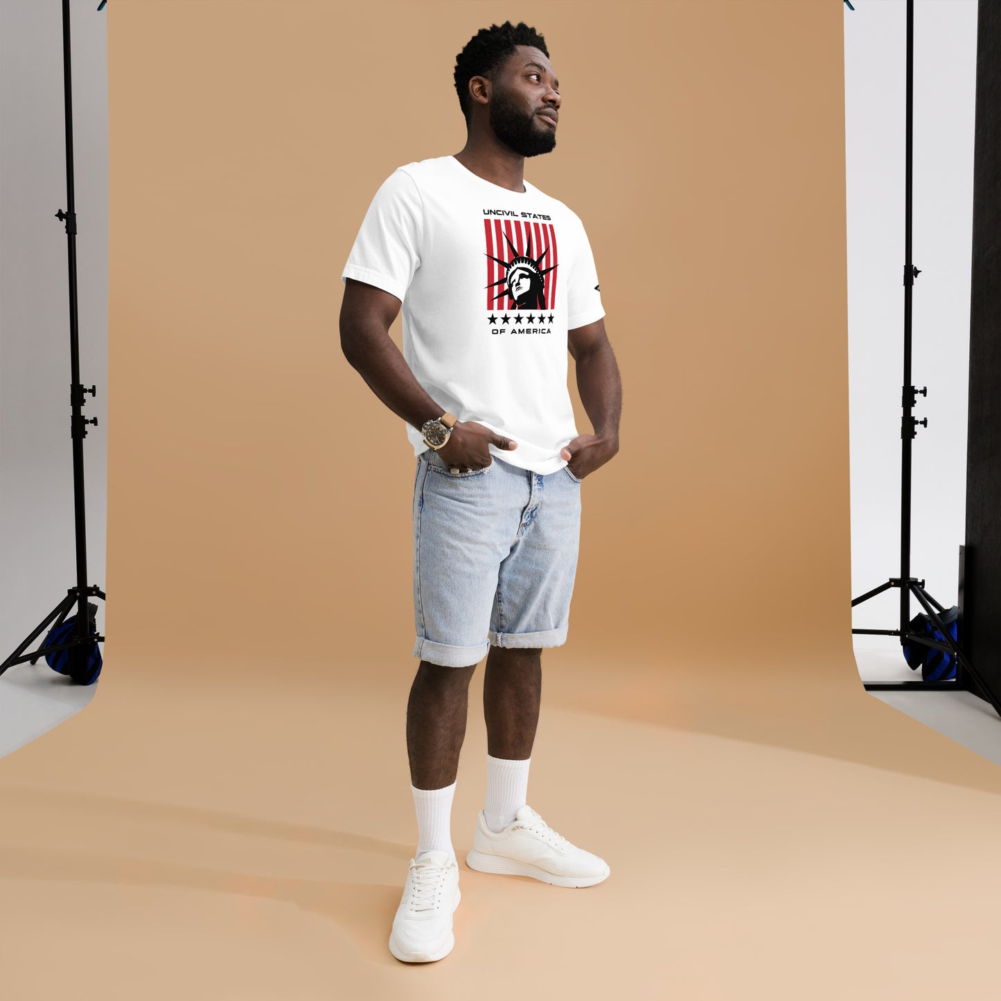 Disrupt the ordinary with our UNCIVIL States of America T-shirt. White Unisex Shirt featuring the Statue of Liberty. A perfect patriotic tee for people who love America.