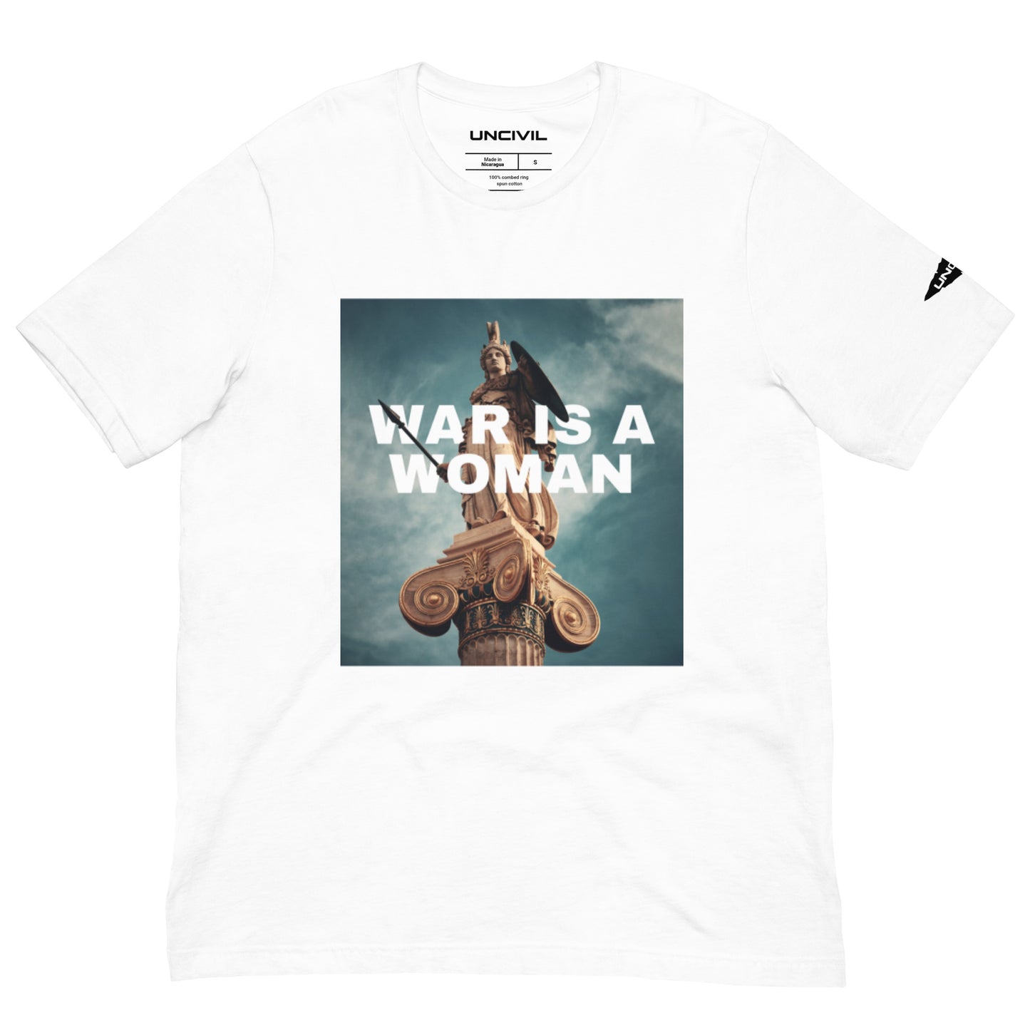 Our "War is a Woman" UNCIVIL T-shirt features the one and only statue of Athena, goddess of wisdom, craft, and warfare. Perfect to showcase your love for the Greek Goddess. Available in White.
