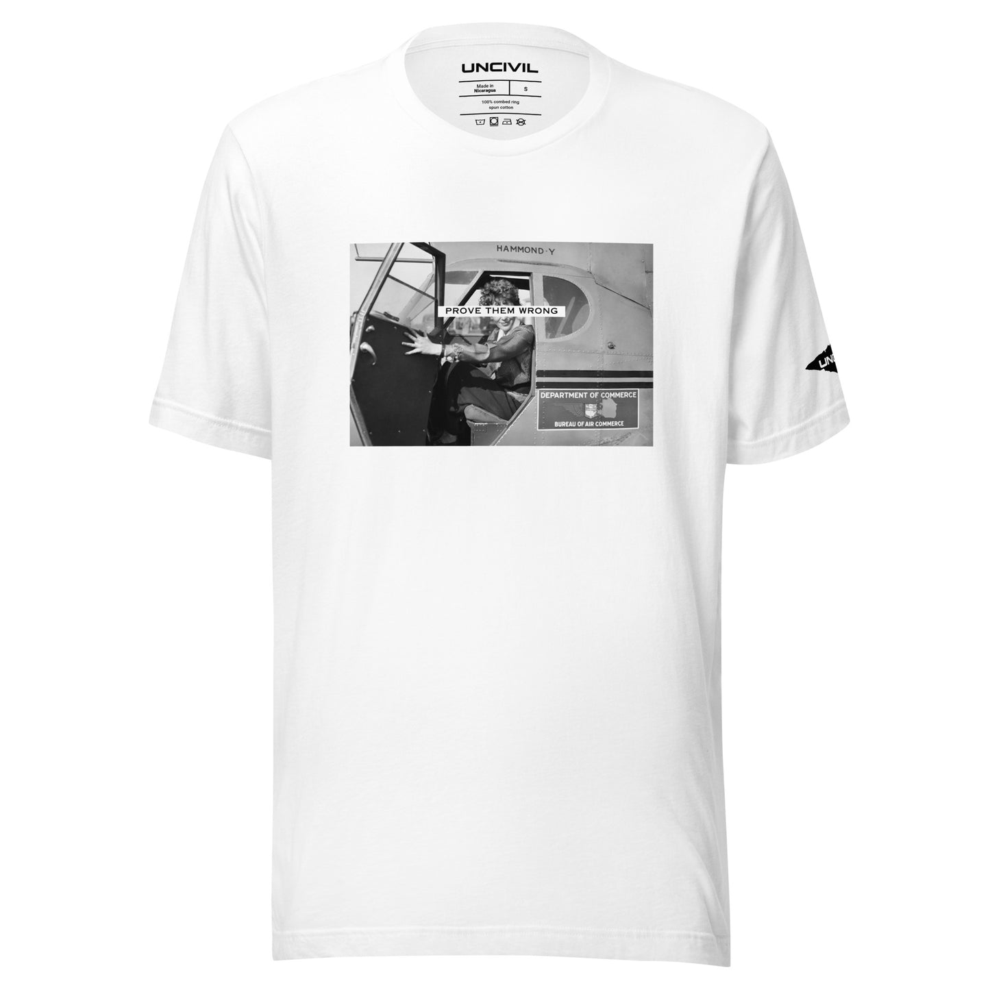 Prove Them Wrong graphic t-shirt features a graphic of Amelia Earhart on a plane in black and white.