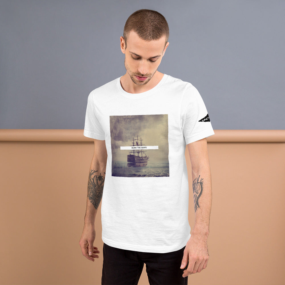 Burn the Ships shirt featuring a vintage image of a sailboat, white for men and women.