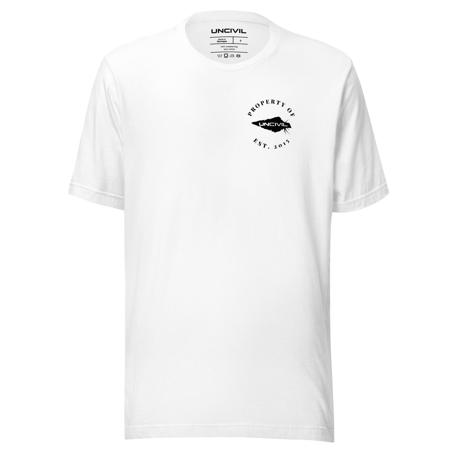 UNCIVIL Apparel Established 2015 shirt features our Uncivil Spear with the words "property of uncivil Est. 2015 on the front left chest. White shirt.