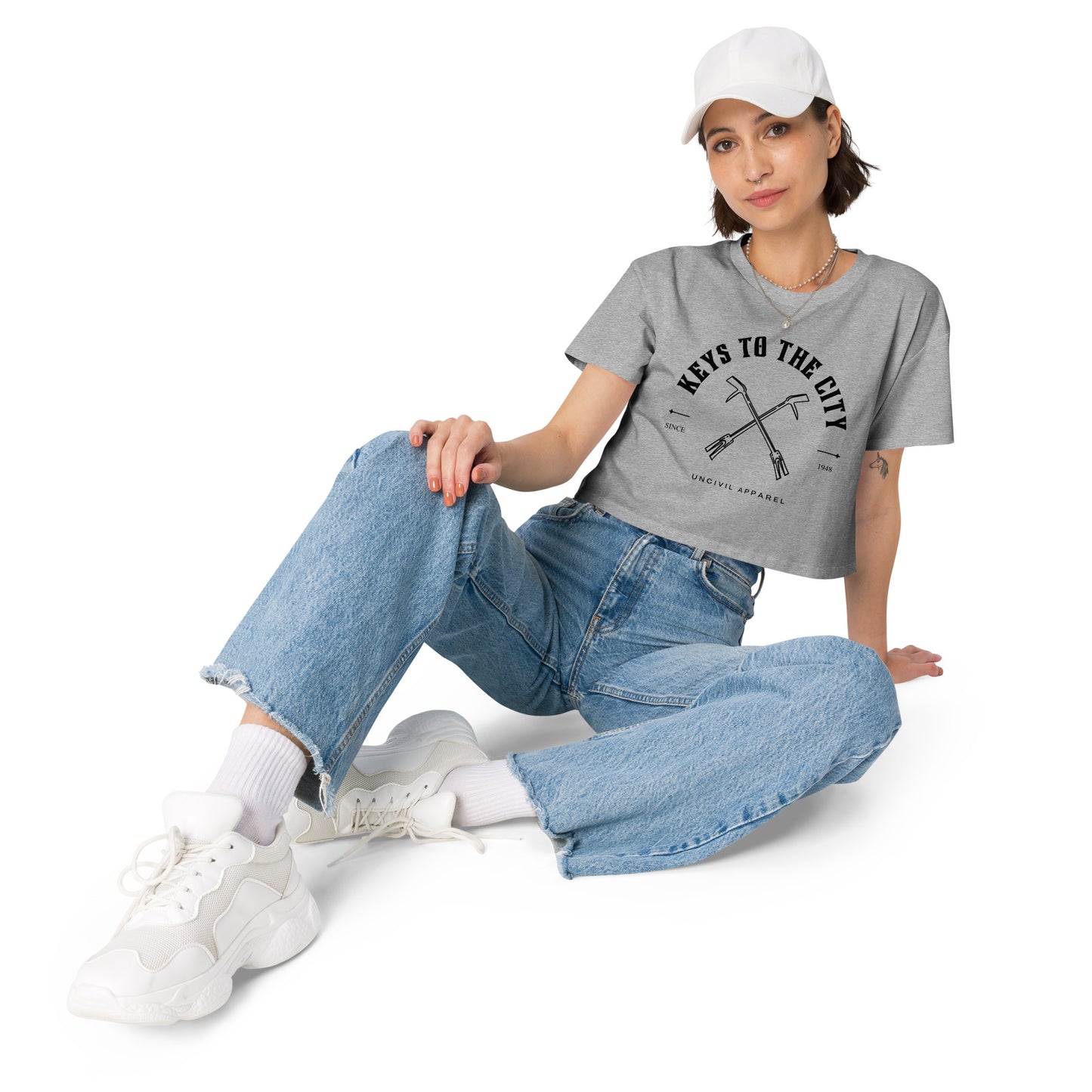 Keys to the City Halligan women's crop top, Heather Grey firefighter crop top