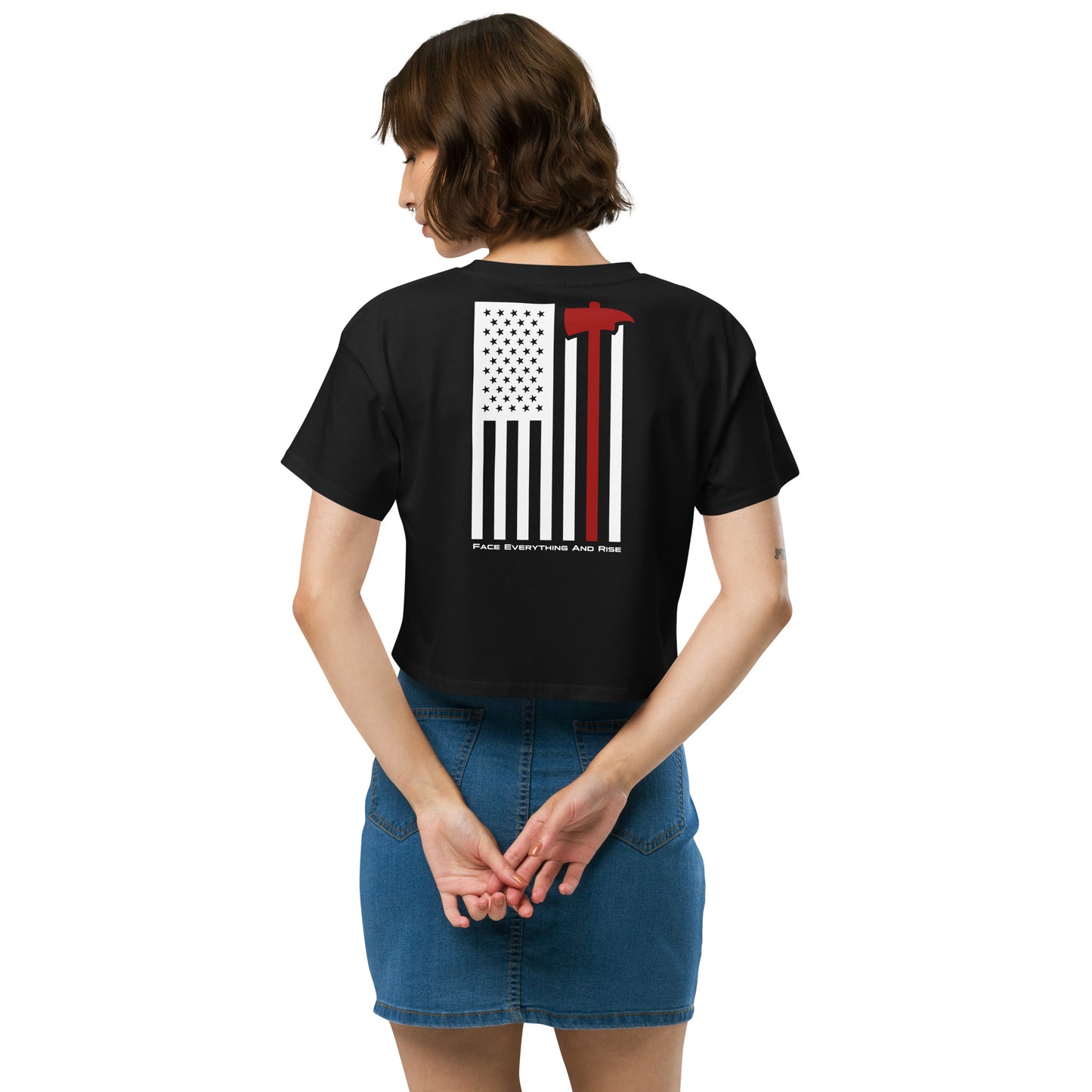 Face Everything & Rise UNCIVIL Firefighter Women's Crop Top with American Flag and Fireman's Axe - Black