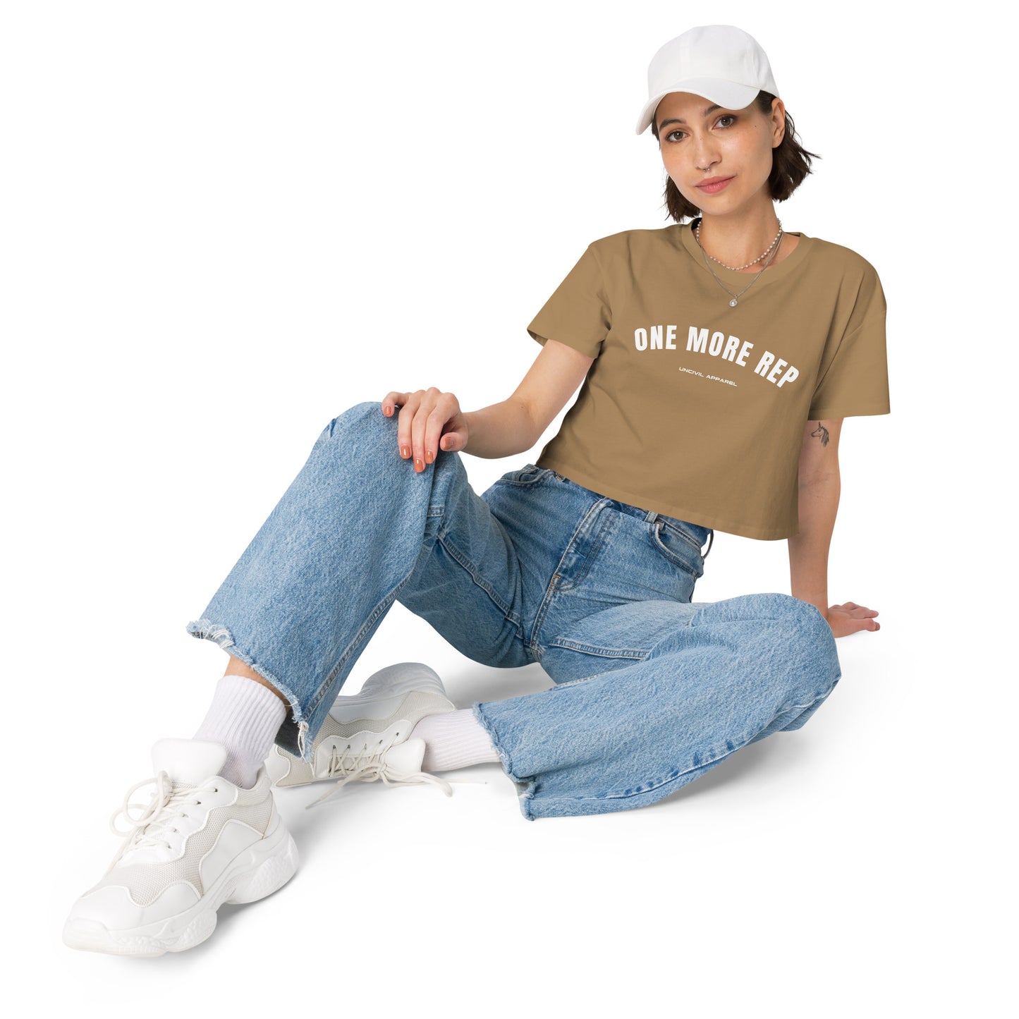 One More Rep Women's Crop Top Shirt in tan.