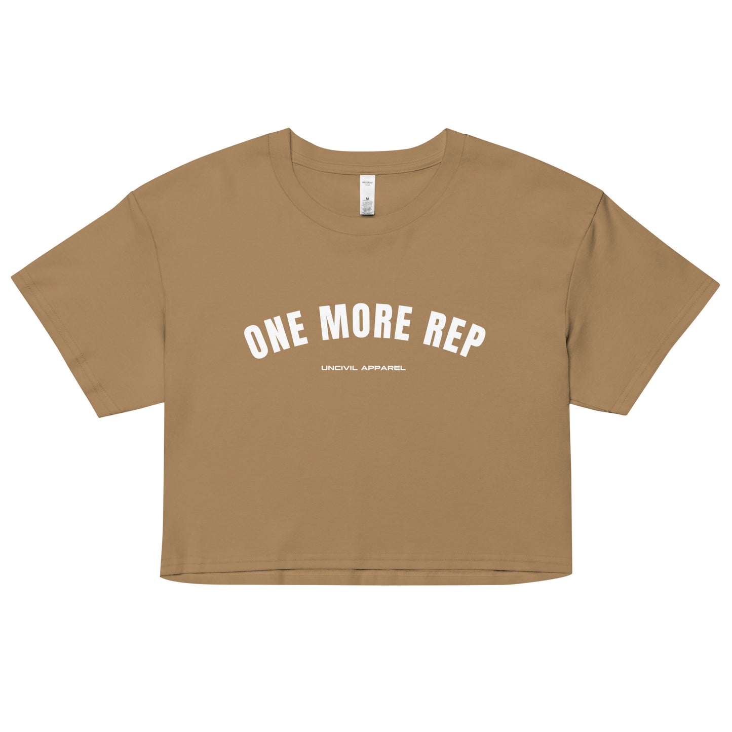One More Rep Women's Crop Top Shirt in tan.