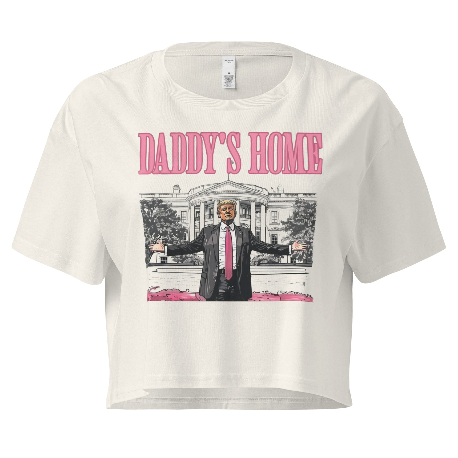 Off White and Bubble Gum pink Daddy's Home Trump Women’s Crop Top