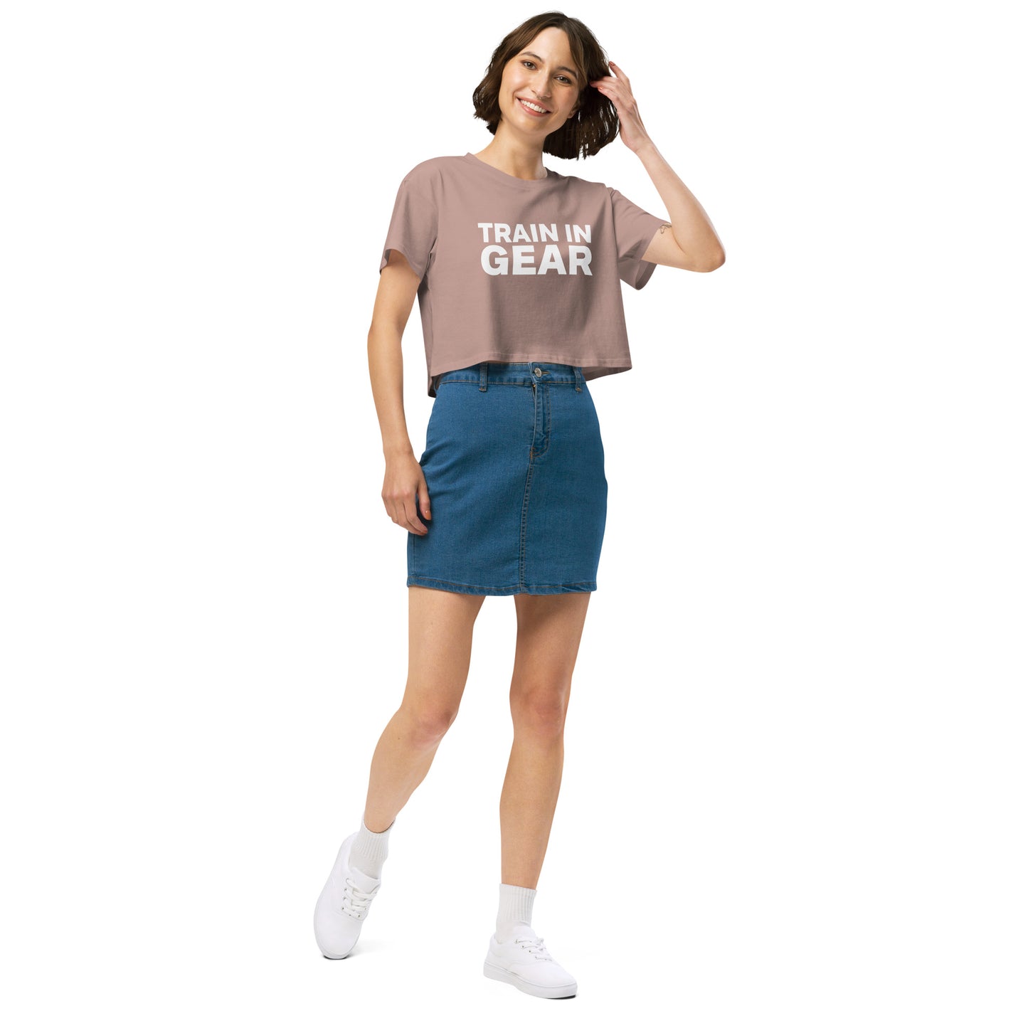 Train in Gear Women's firefighter and military crop top. Hazy Pink and white.