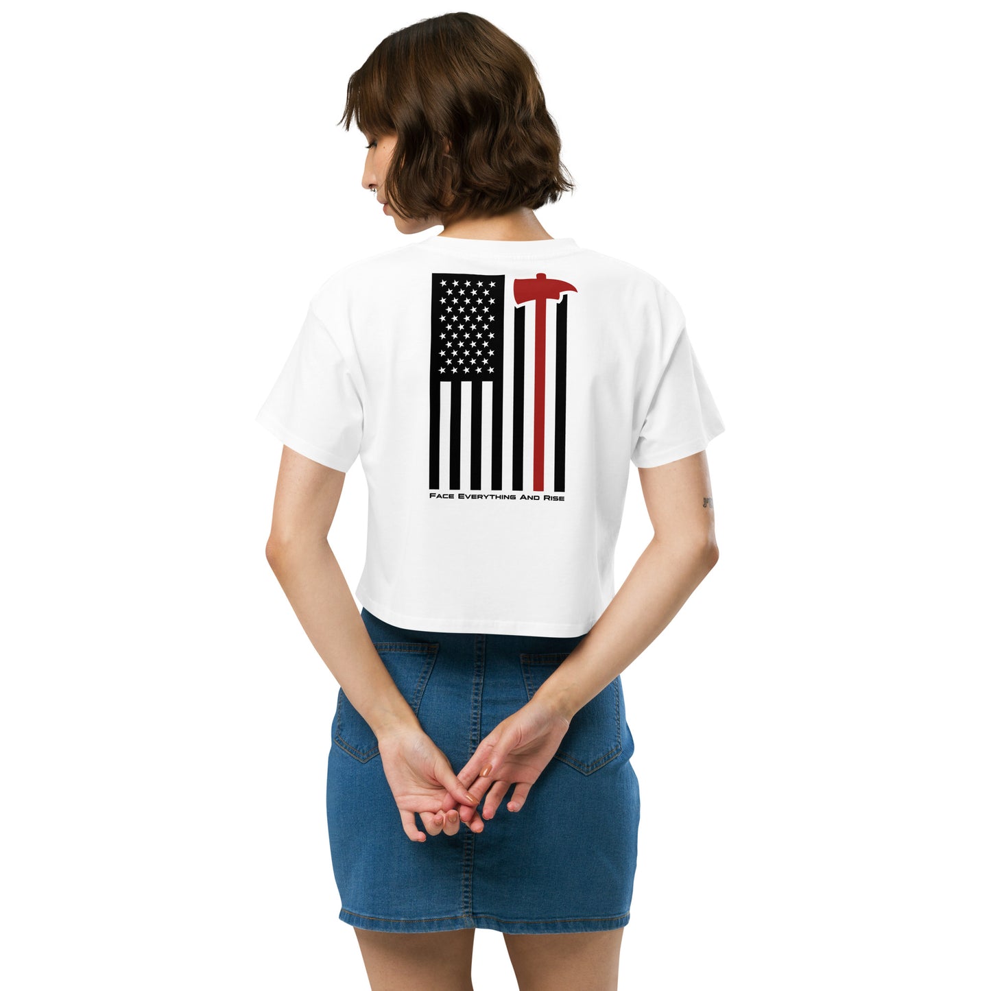 Face Everything & Rise UNCIVIL Firefighter Women's Crop Top with American Flag and Fireman's Axe - White