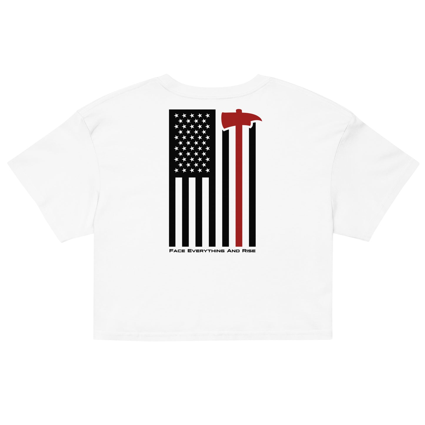 Face Everything & Rise UNCIVIL Firefighter Women's Crop Top with American Flag and Fireman's Axe - White