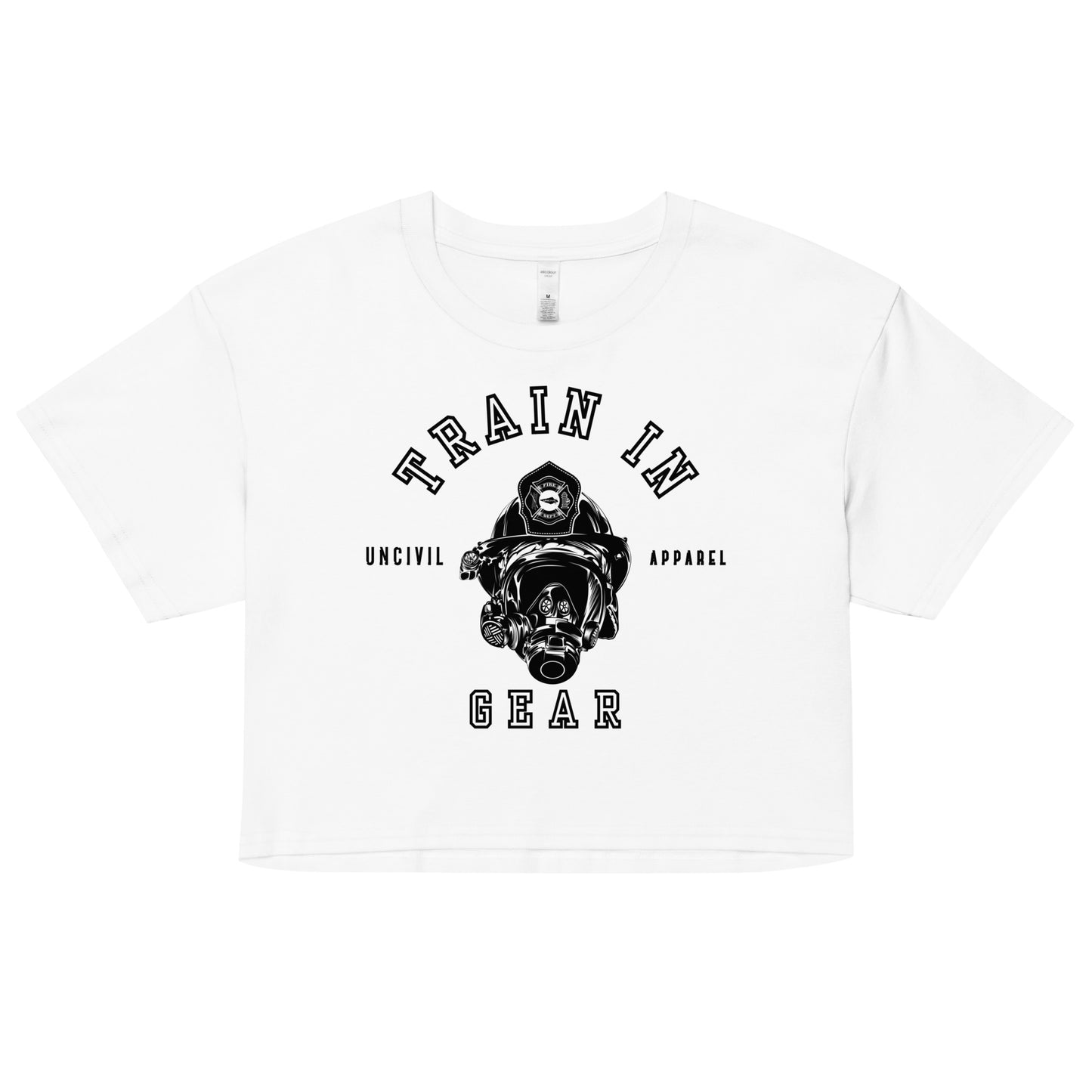 Train in Gear UNCIVIL Graphic women's firefighter crop top, white.