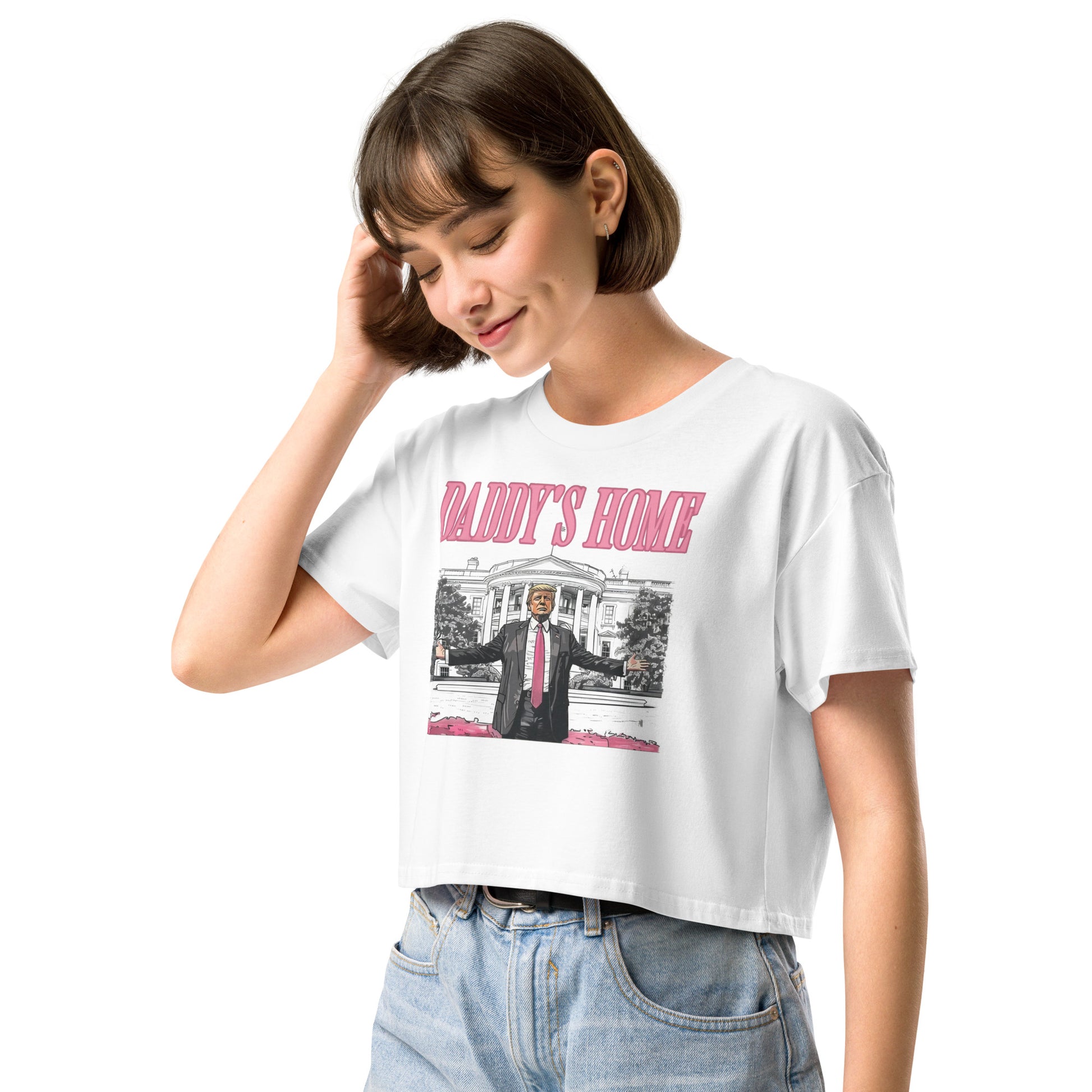 White and Bubble Gum pink Daddy's Home Trump Women’s Crop Top